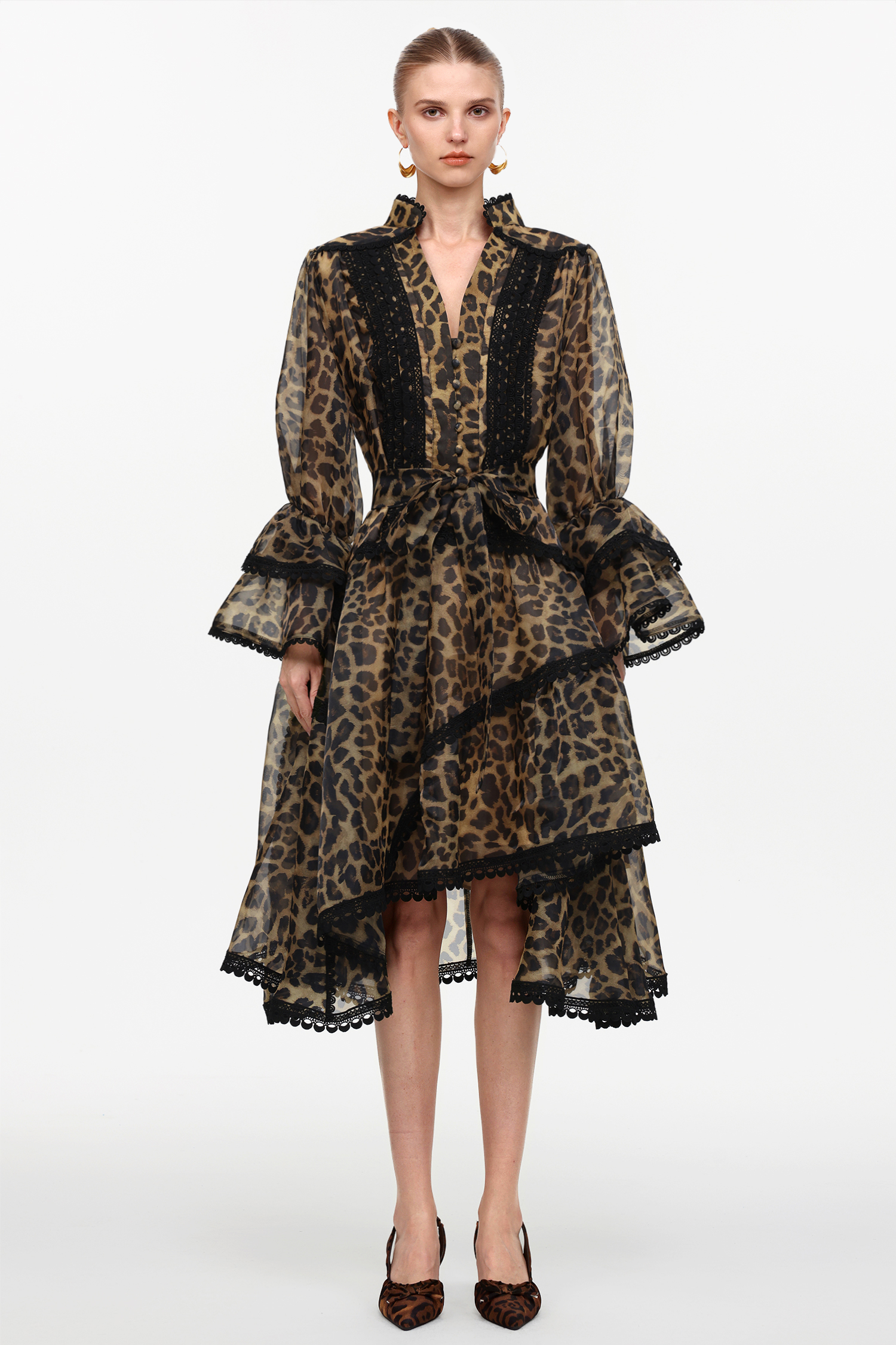 Uhren Resort Flowy V-Neck Long Sleeve Falbala Lace Woven Leopard Print Mini Dress