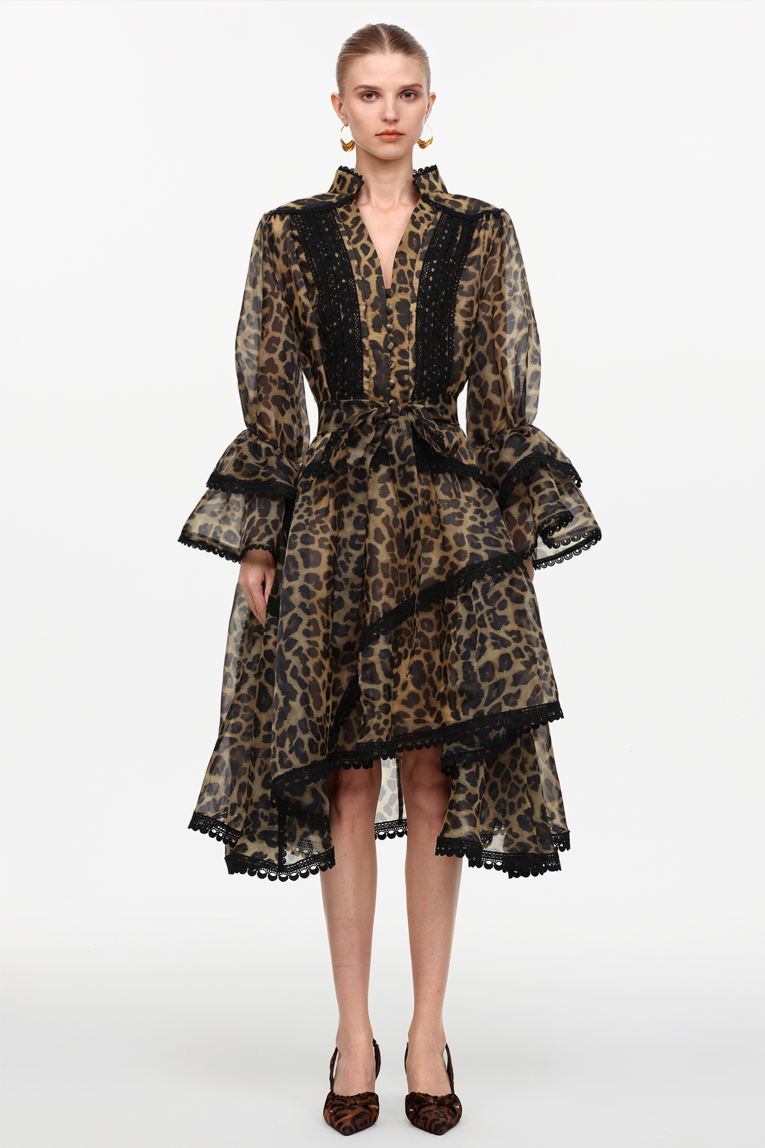 Uhren Resort Flowy V-Neck Long Sleeve Falbala Lace Woven Leopard Print Mini Dress