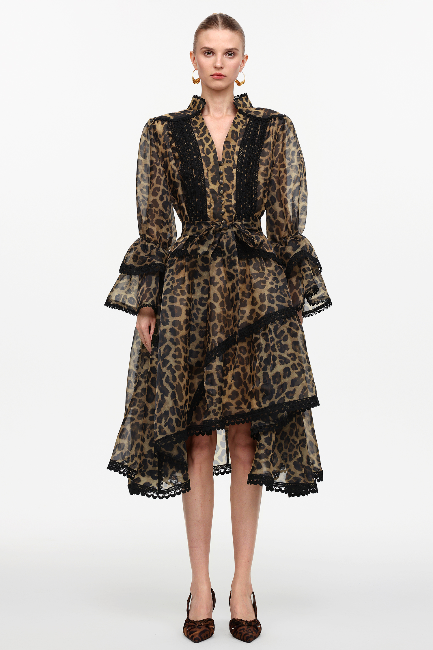 Uhren Resort Flowy V-Neck Long Sleeve Falbala Lace Woven Leopard Print Mini Dress