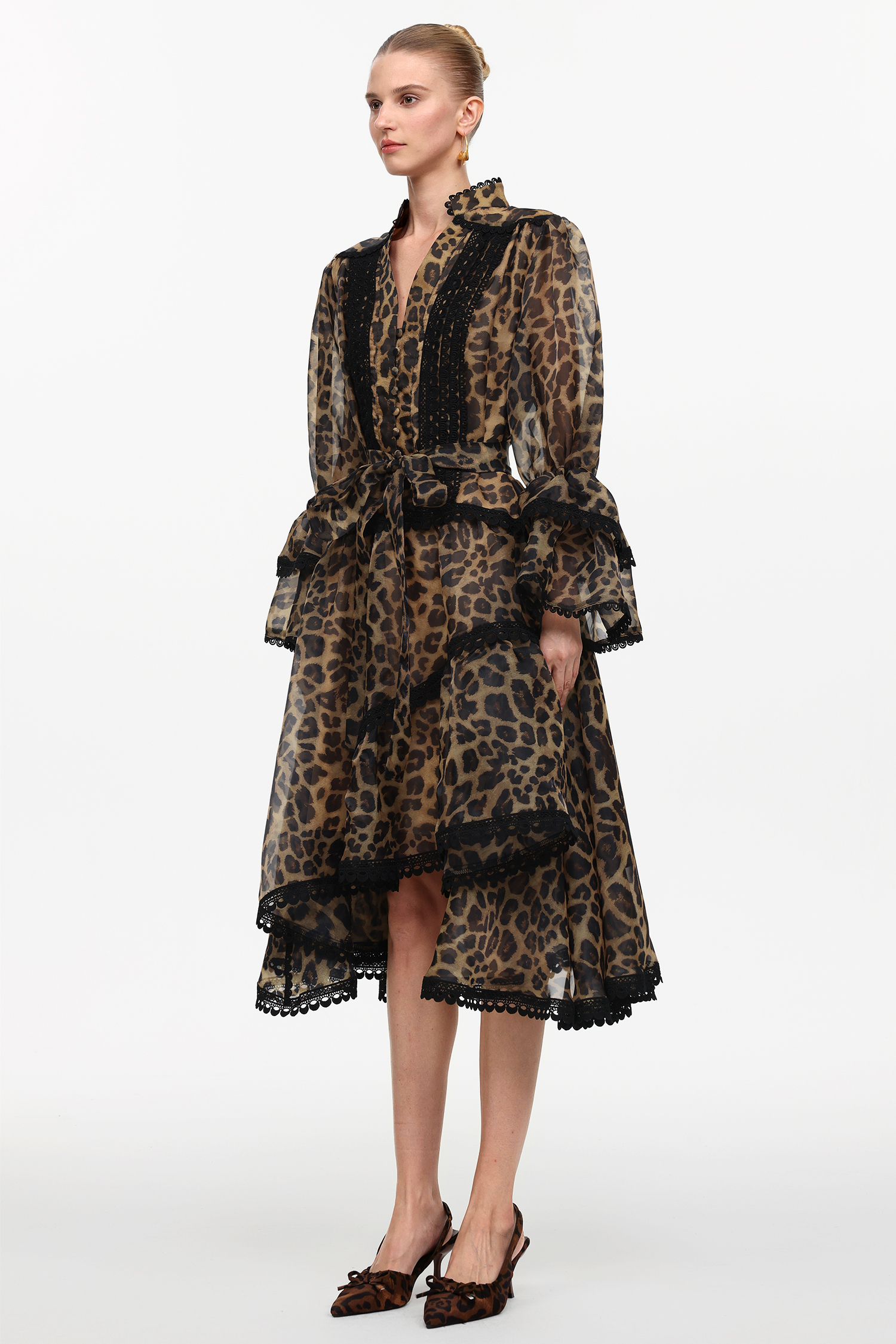 Uhren Resort Flowy V-Neck Long Sleeve Falbala Lace Woven Leopard Print Mini Dress