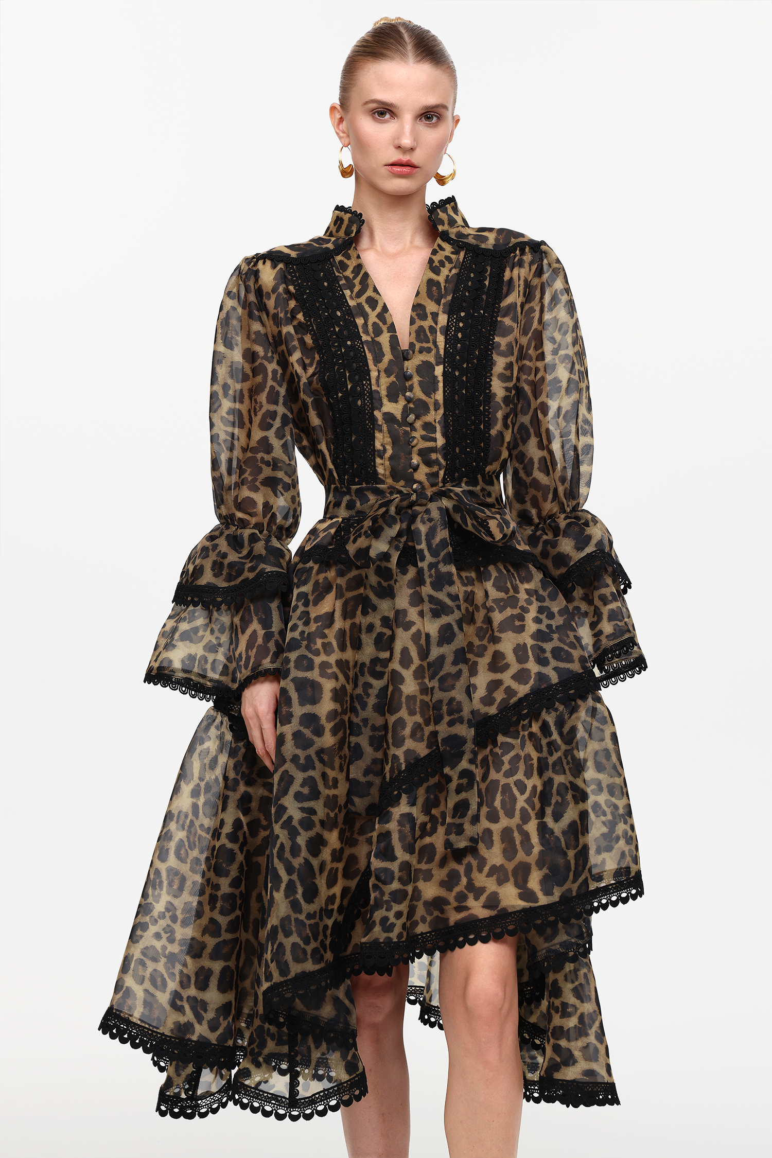 Uhren Resort Flowy V-Neck Long Sleeve Falbala Lace Woven Leopard Print Mini Dress