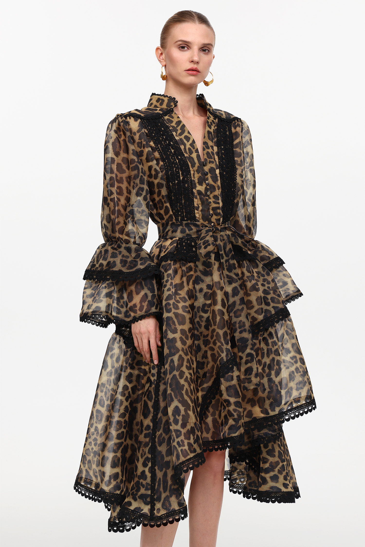 Uhren Resort Flowy V-Neck Long Sleeve Falbala Lace Woven Leopard Print Mini Dress