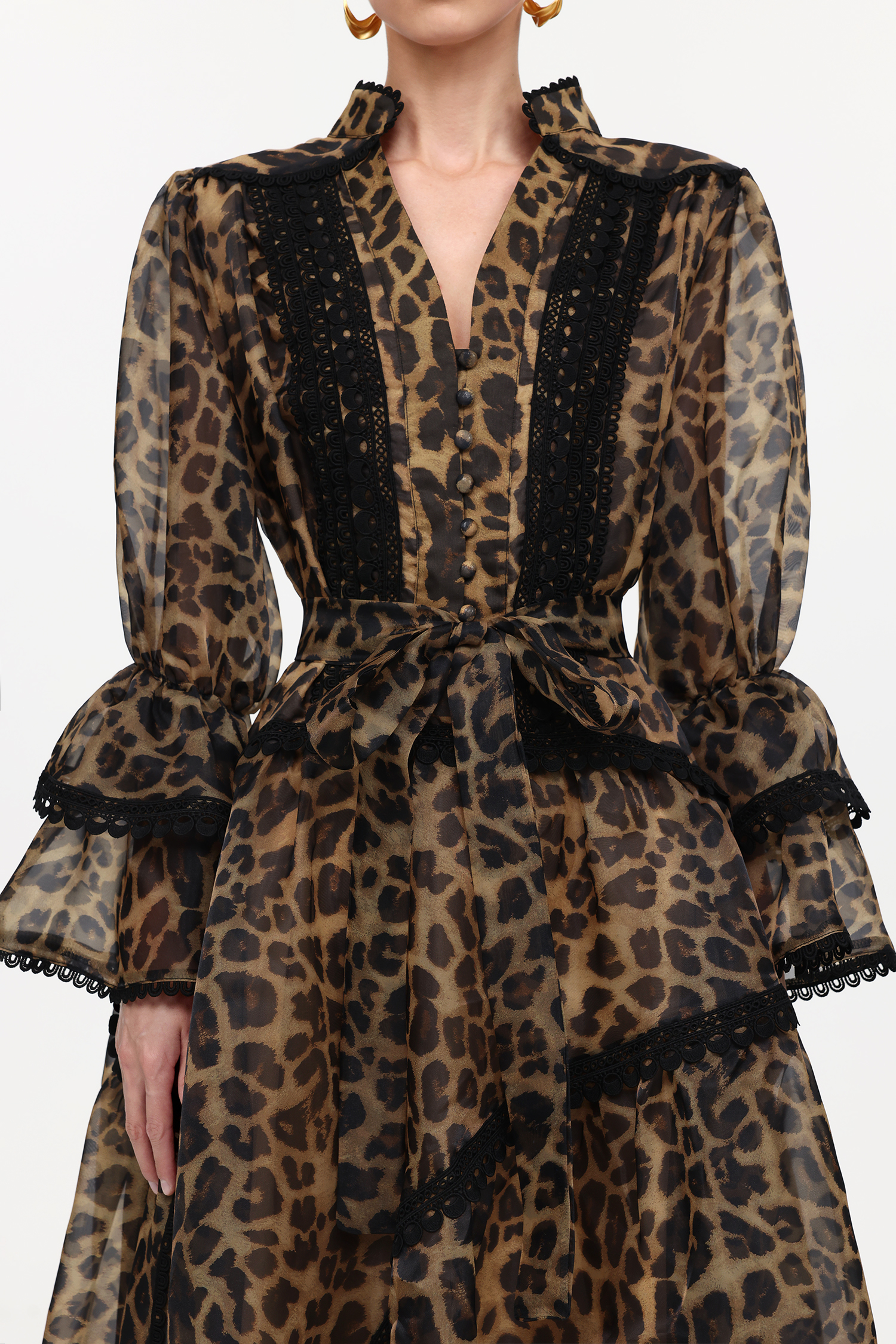 Uhren Resort Flowy V-Neck Long Sleeve Falbala Lace Woven Leopard Print Mini Dress