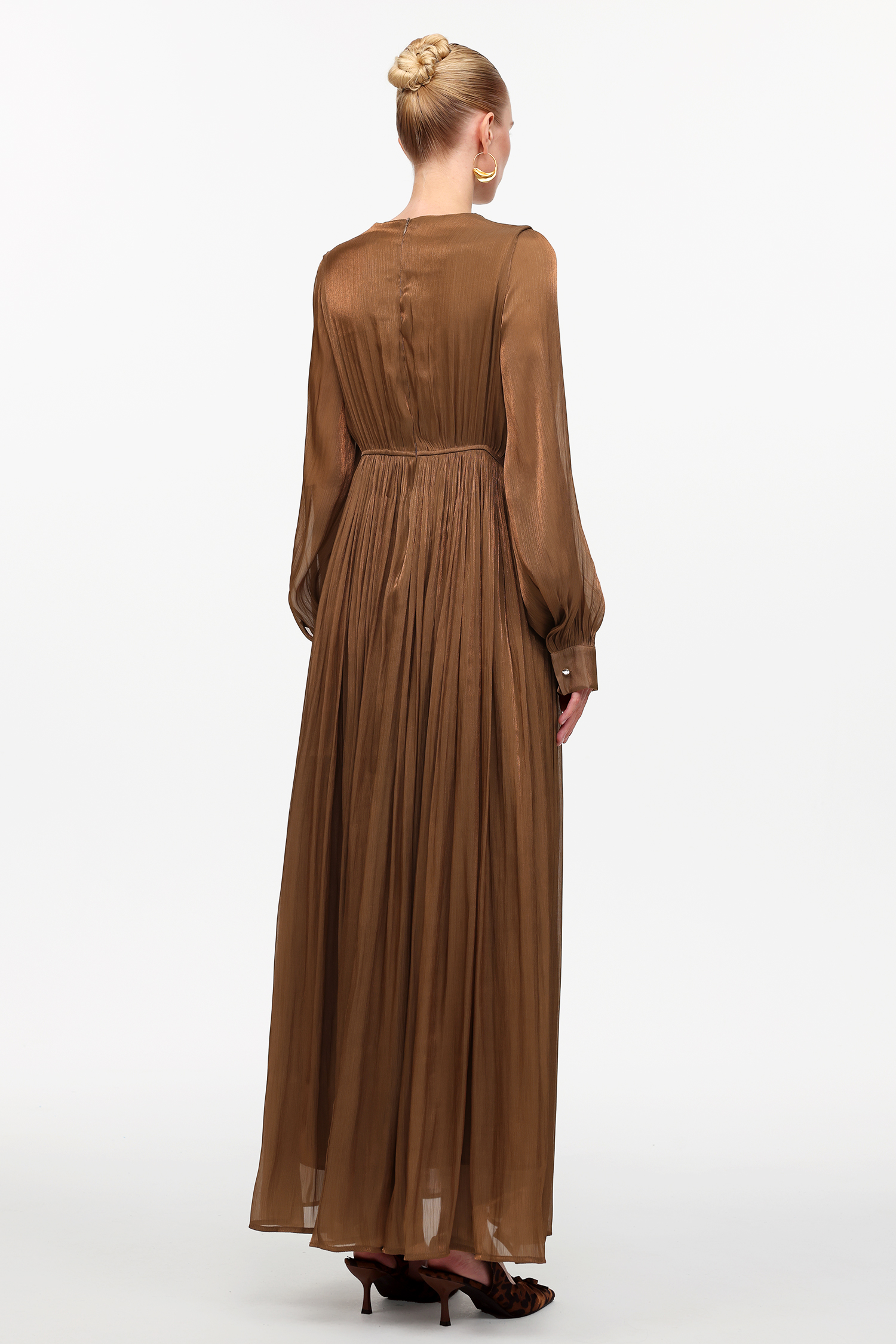 Viki Bohemian Flowy V-Neck Long Sleeve Pleated Beaded Woven Maxi Dress