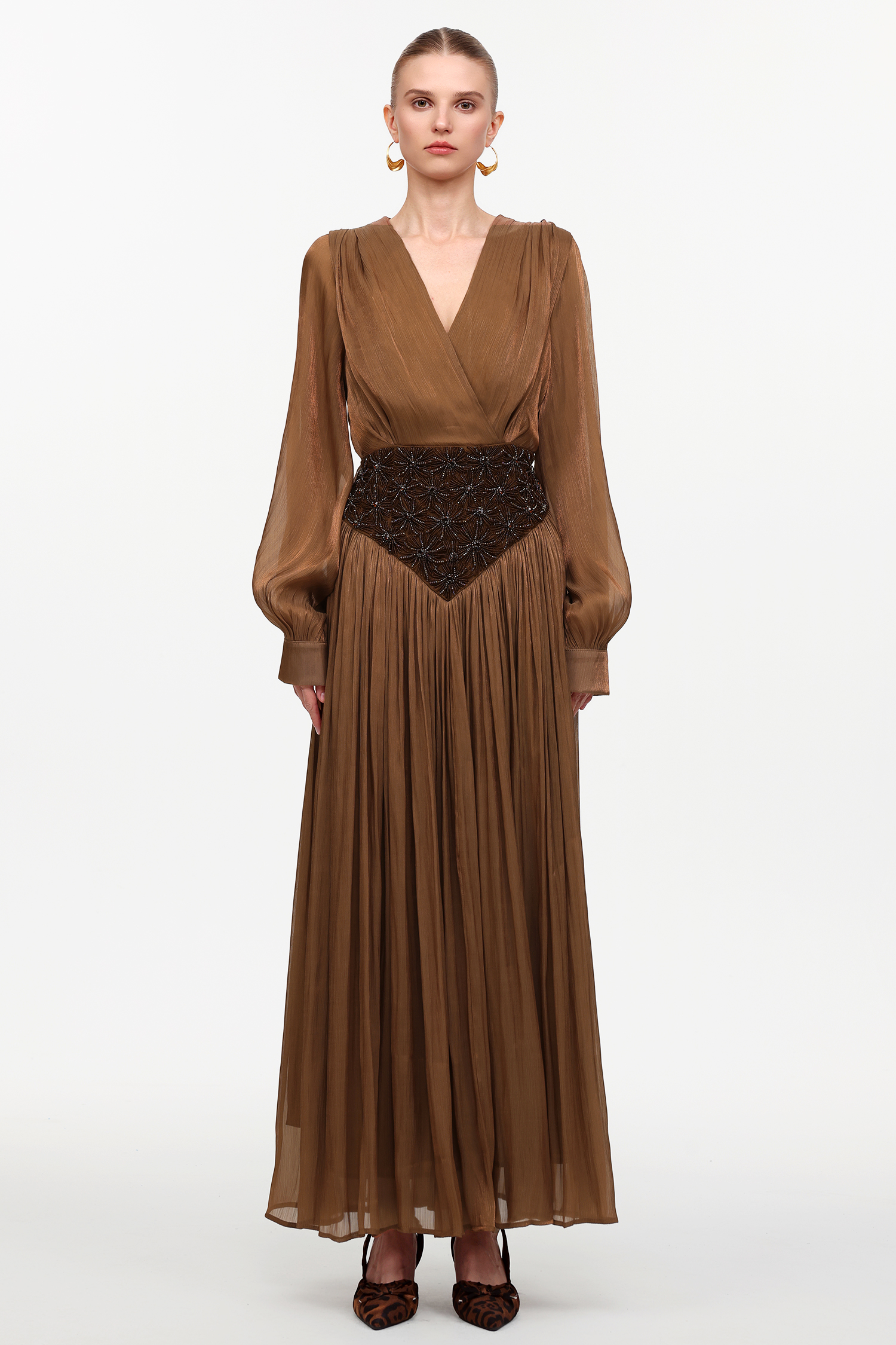 Viki Bohemian Flowy V-Neck Long Sleeve Pleated Beaded Woven Maxi Dress
