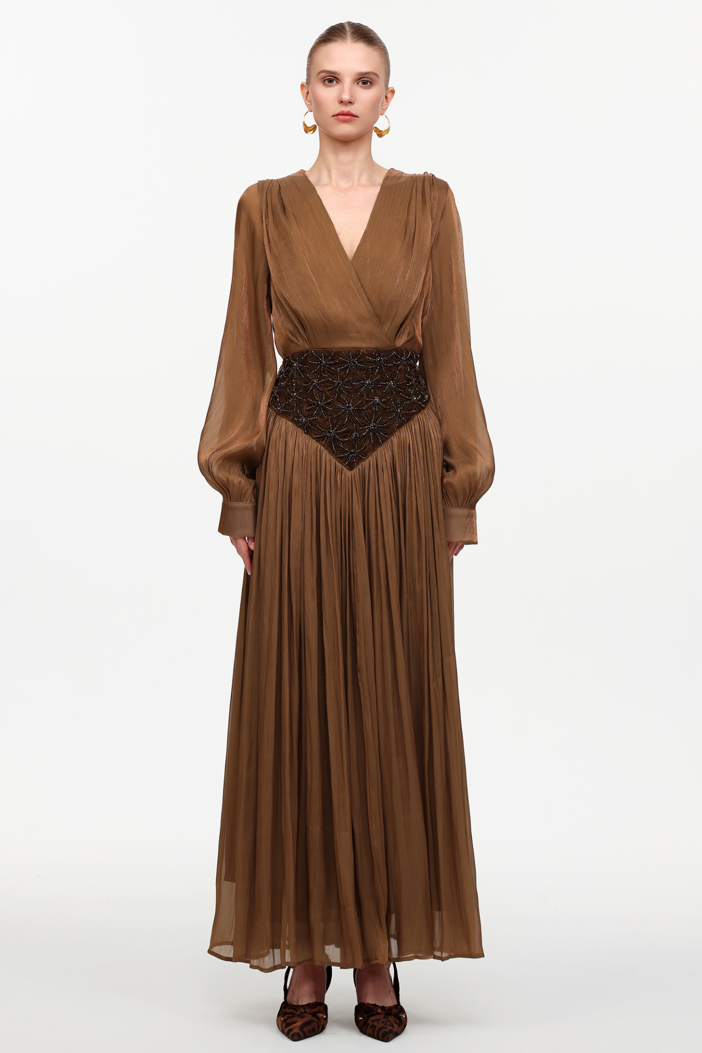 Viki Bohemian Flowy V-Neck Long Sleeve Pleated Beaded Woven Maxi Dress