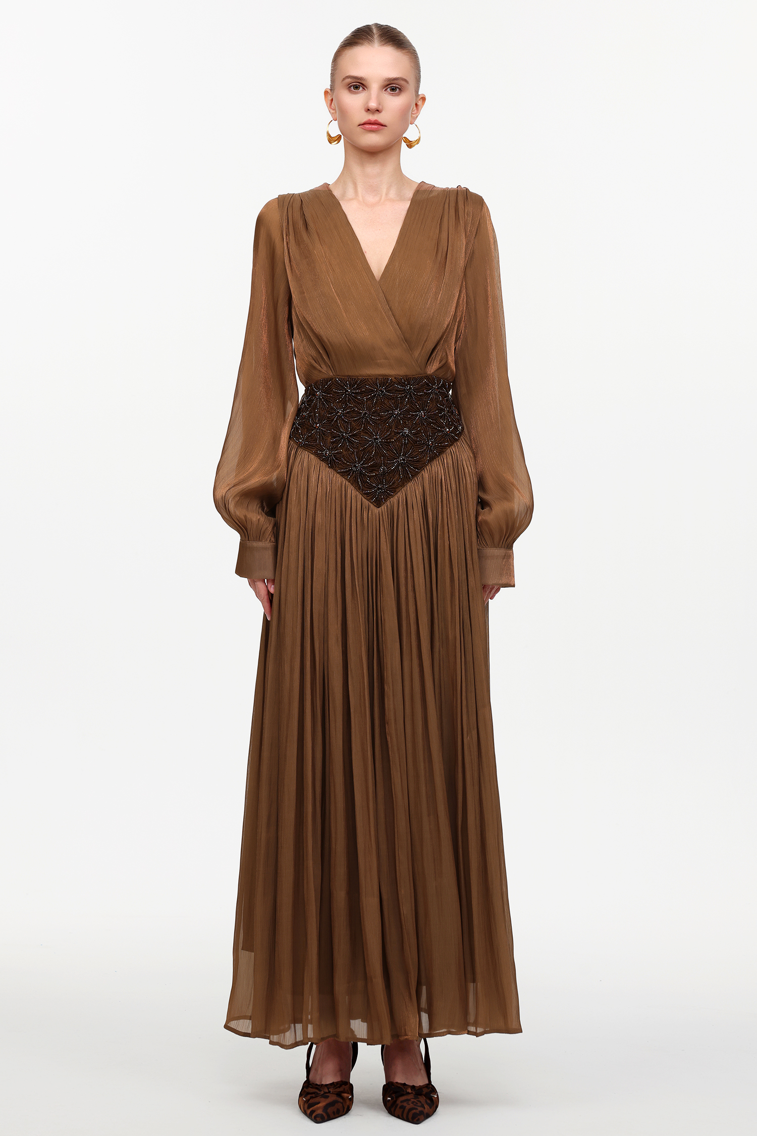Viki Bohemian Flowy V-Neck Long Sleeve Pleated Beaded Woven Maxi Dress