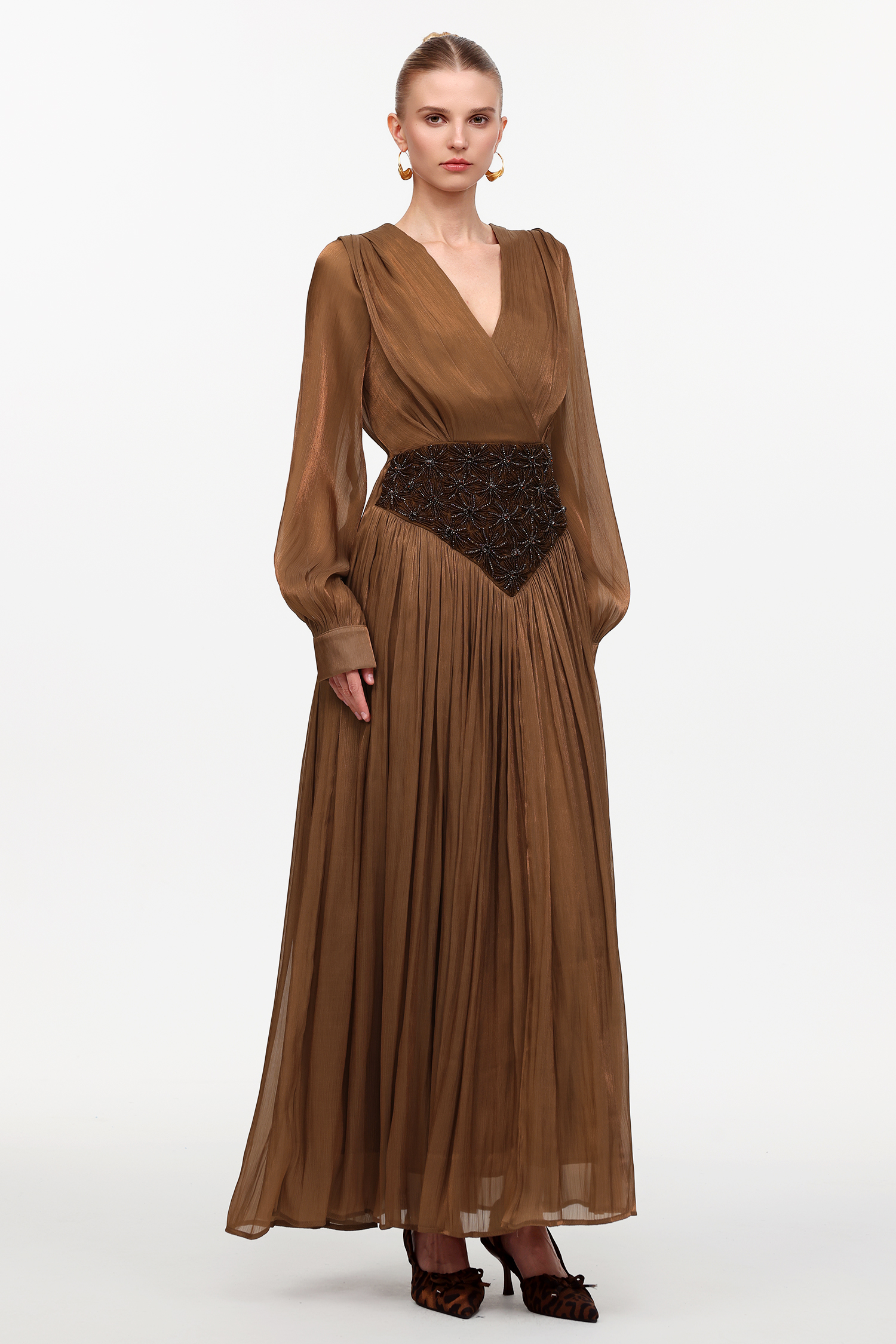 Viki Bohemian Flowy V-Neck Long Sleeve Pleated Beaded Woven Maxi Dress