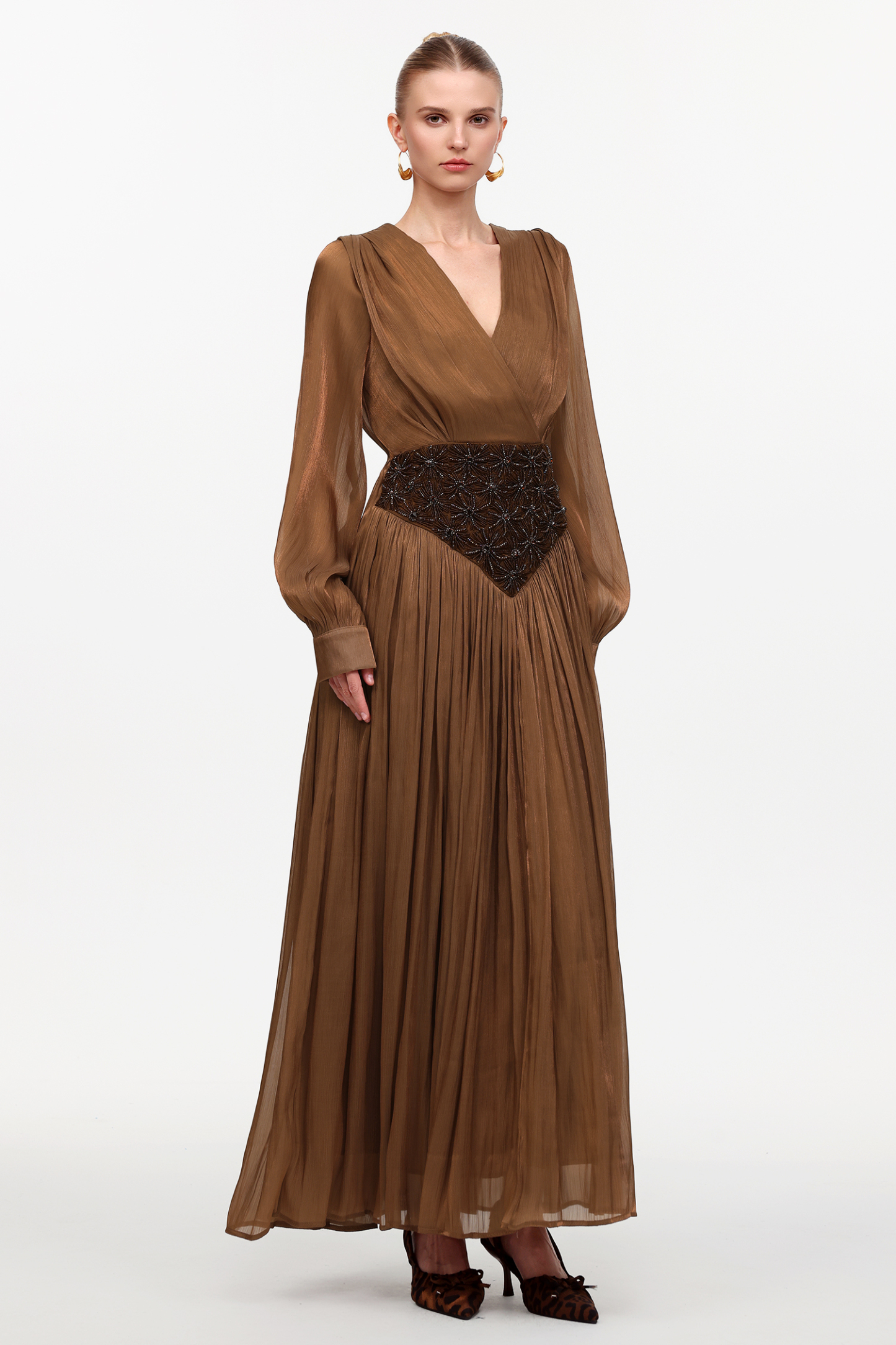 Viki Bohemian Flowy V-Neck Long Sleeve Pleated Beaded Woven Maxi Dress