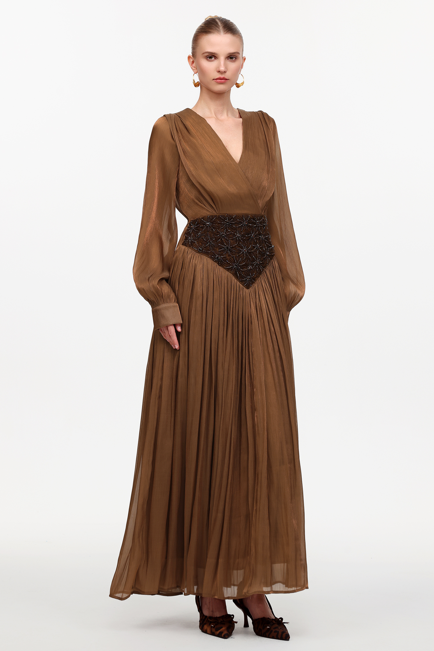 Viki Bohemian Flowy V-Neck Long Sleeve Pleated Beaded Woven Maxi Dress