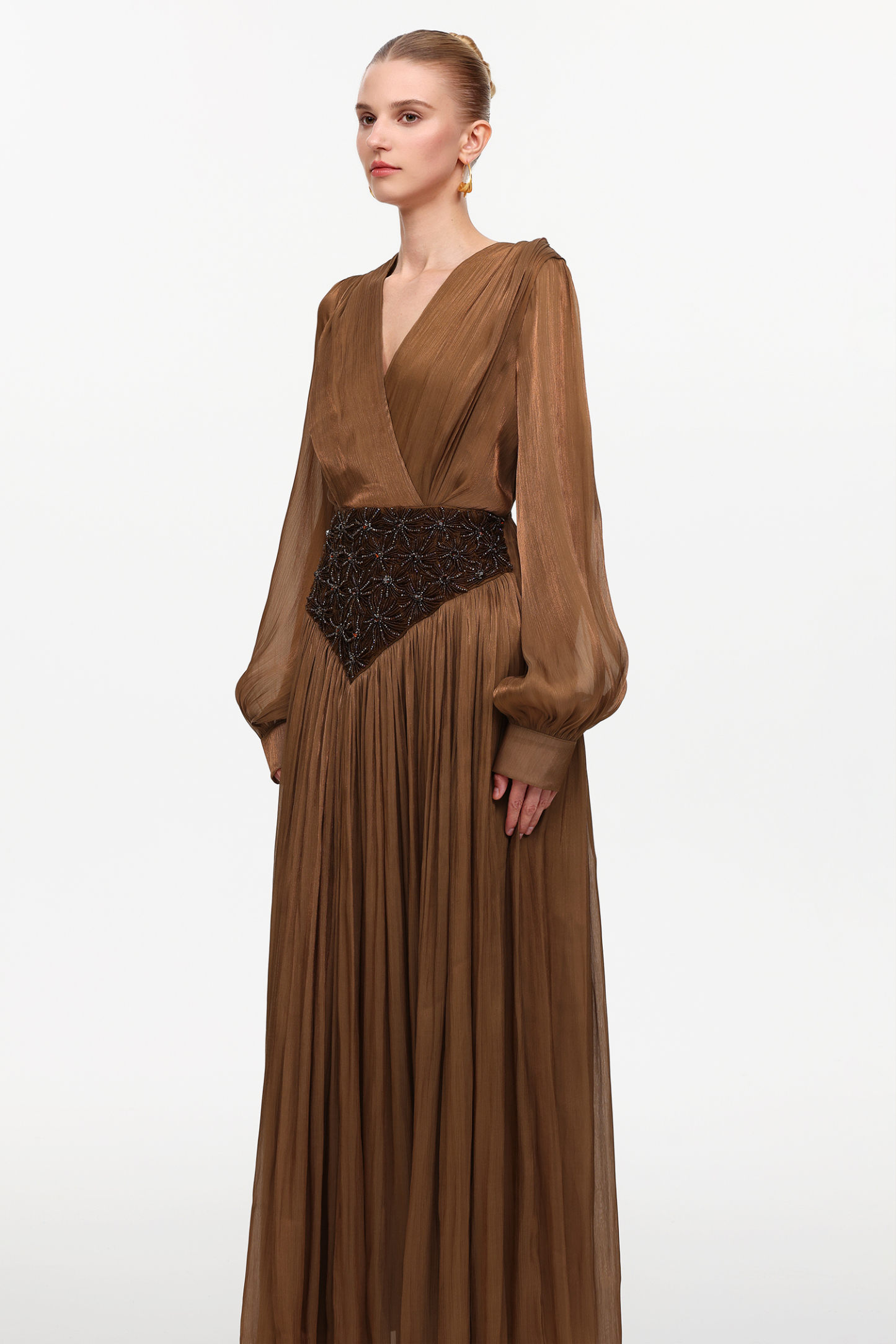 Viki Bohemian Flowy V-Neck Long Sleeve Pleated Beaded Woven Maxi Dress