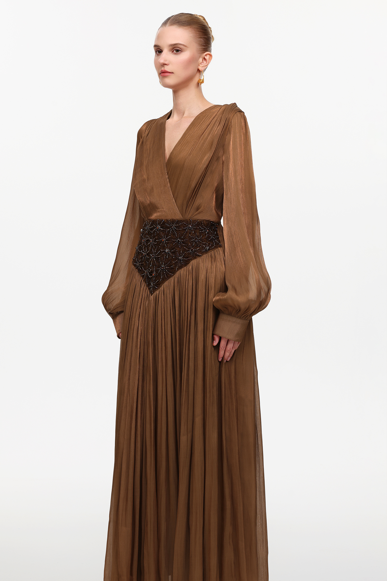 Viki Bohemian Flowy V-Neck Long Sleeve Pleated Beaded Woven Maxi Dress