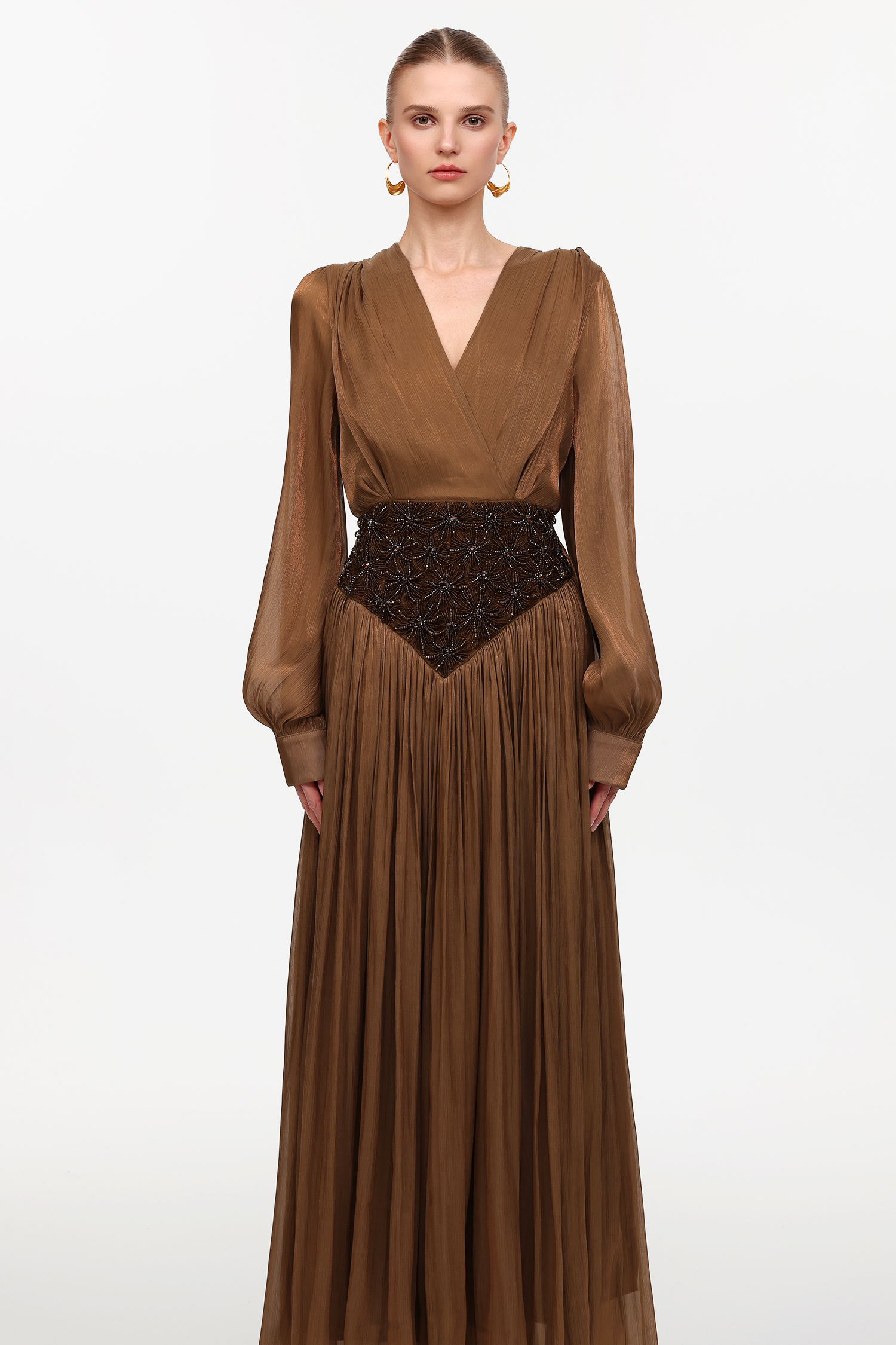 Viki Bohemian Flowy V-Neck Long Sleeve Pleated Beaded Woven Maxi Dress