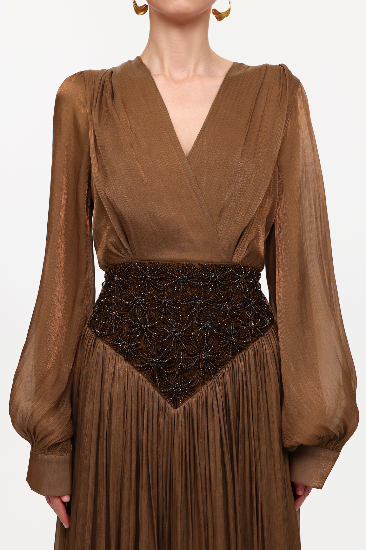 Viki Bohemian Flowy V-Neck Long Sleeve Pleated Beaded Woven Maxi Dress