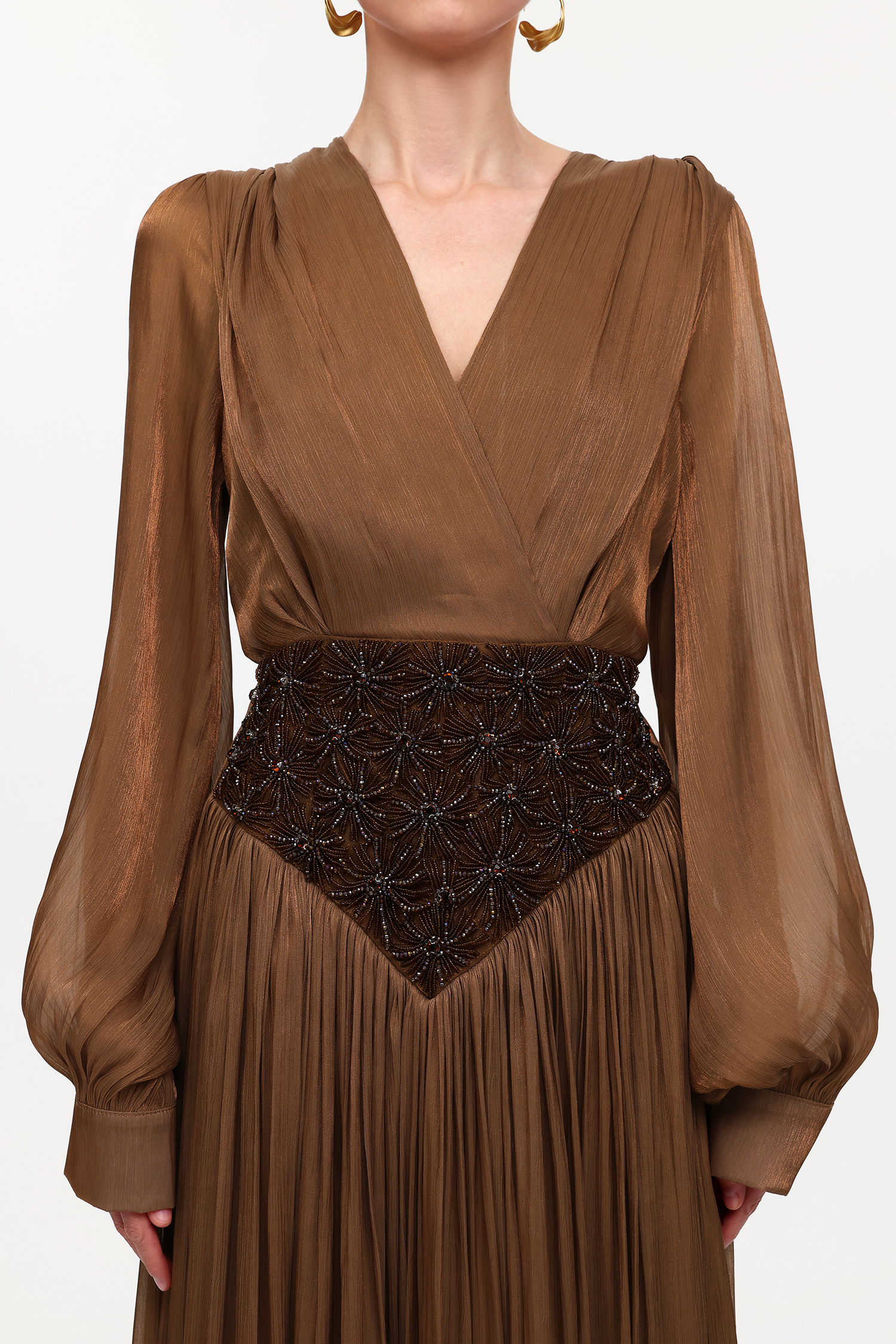 Viki Bohemian Flowy V-Neck Long Sleeve Pleated Beaded Woven Maxi Dress