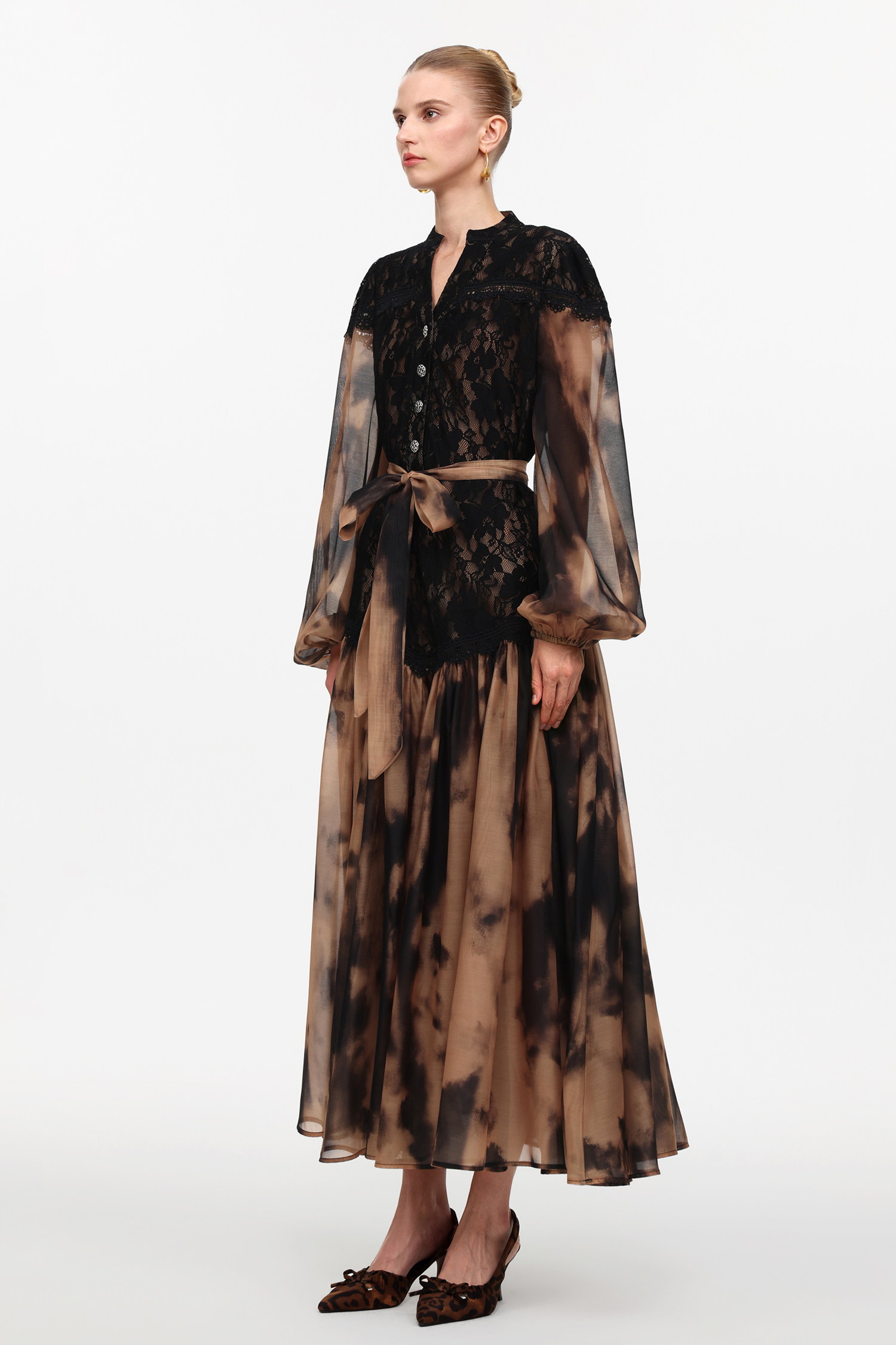 Soraya Romantic Flowy Long Sleeve Lace Printed Woven Maxi Dress