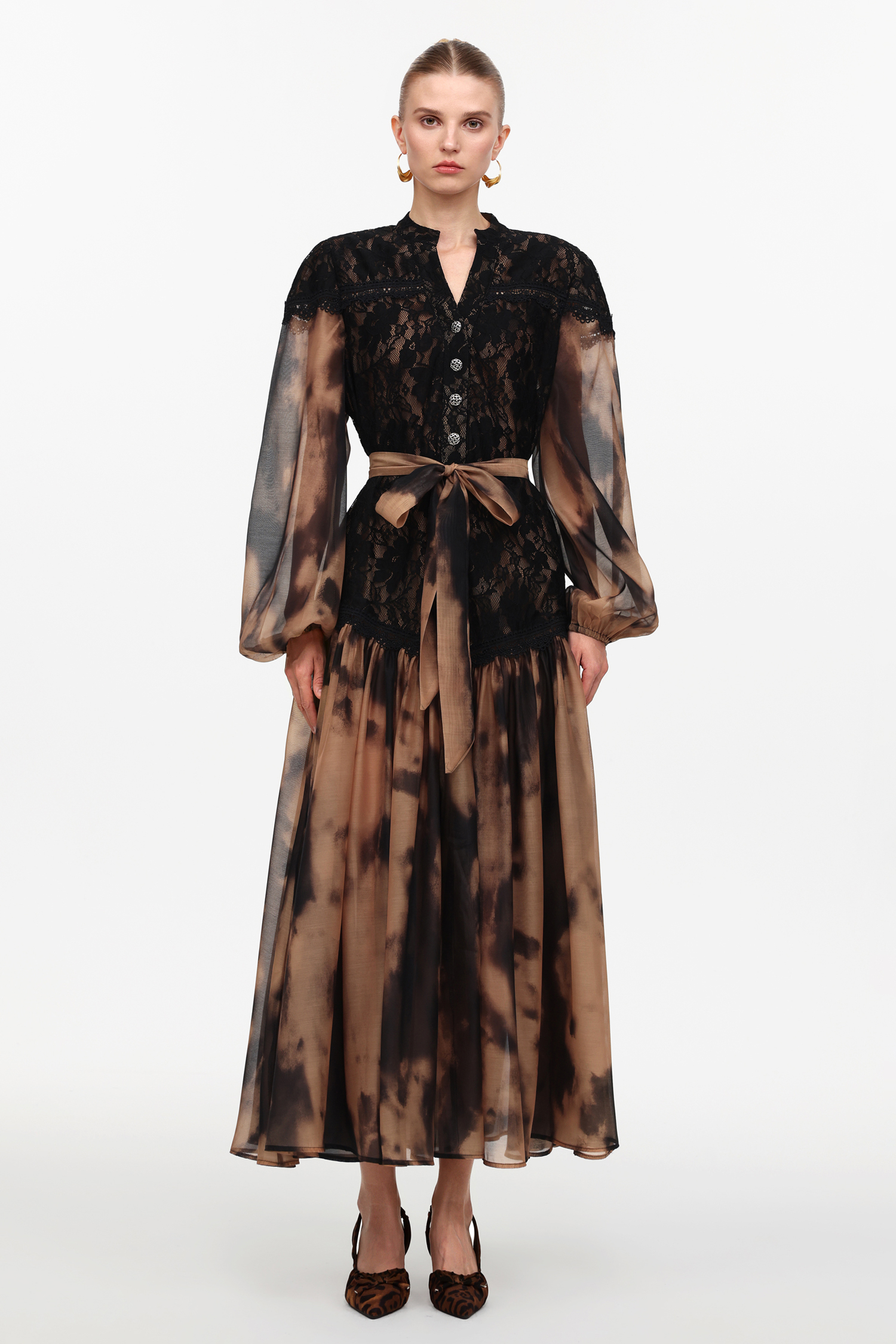 Soraya Romantic Flowy Long Sleeve Lace Printed Woven Maxi Dress