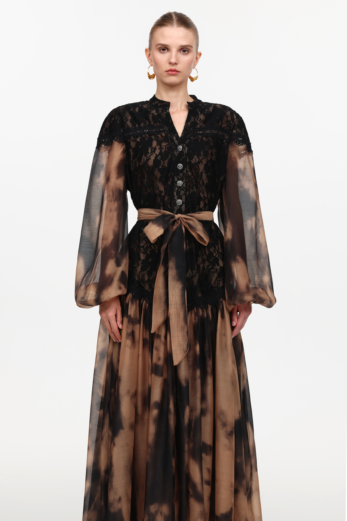 Soraya Romantic Flowy Long Sleeve Lace Printed Woven Maxi Dress