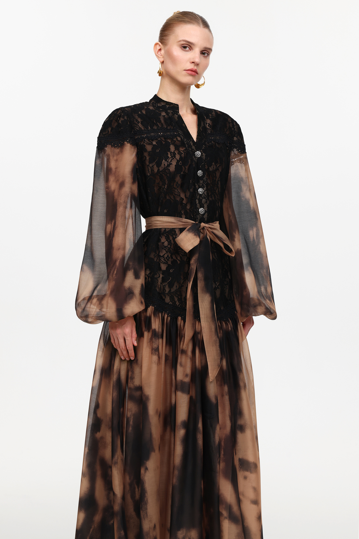 Soraya Romantic Flowy Long Sleeve Lace Printed Woven Maxi Dress