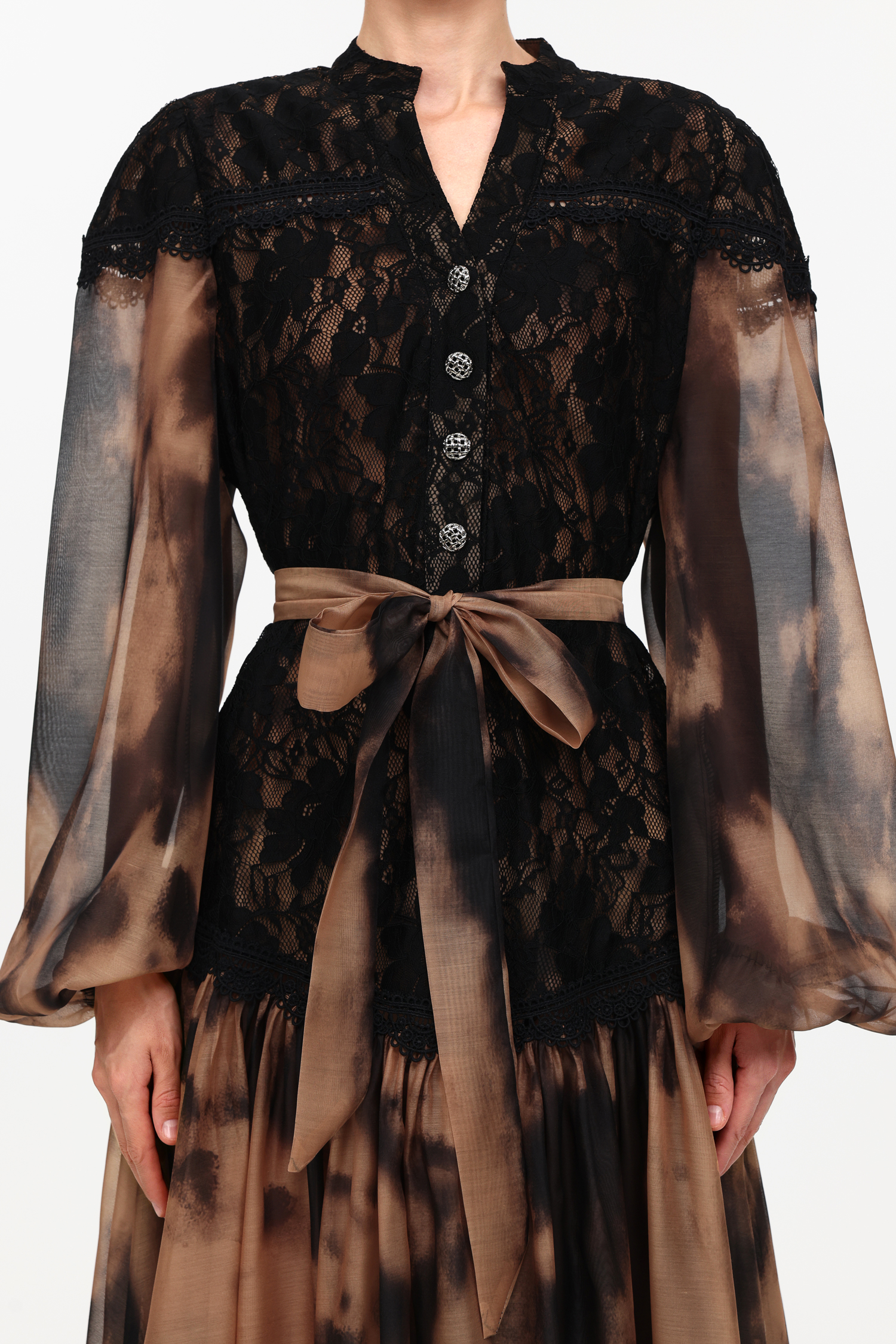 Soraya Romantic Flowy Long Sleeve Lace Printed Woven Maxi Dress
