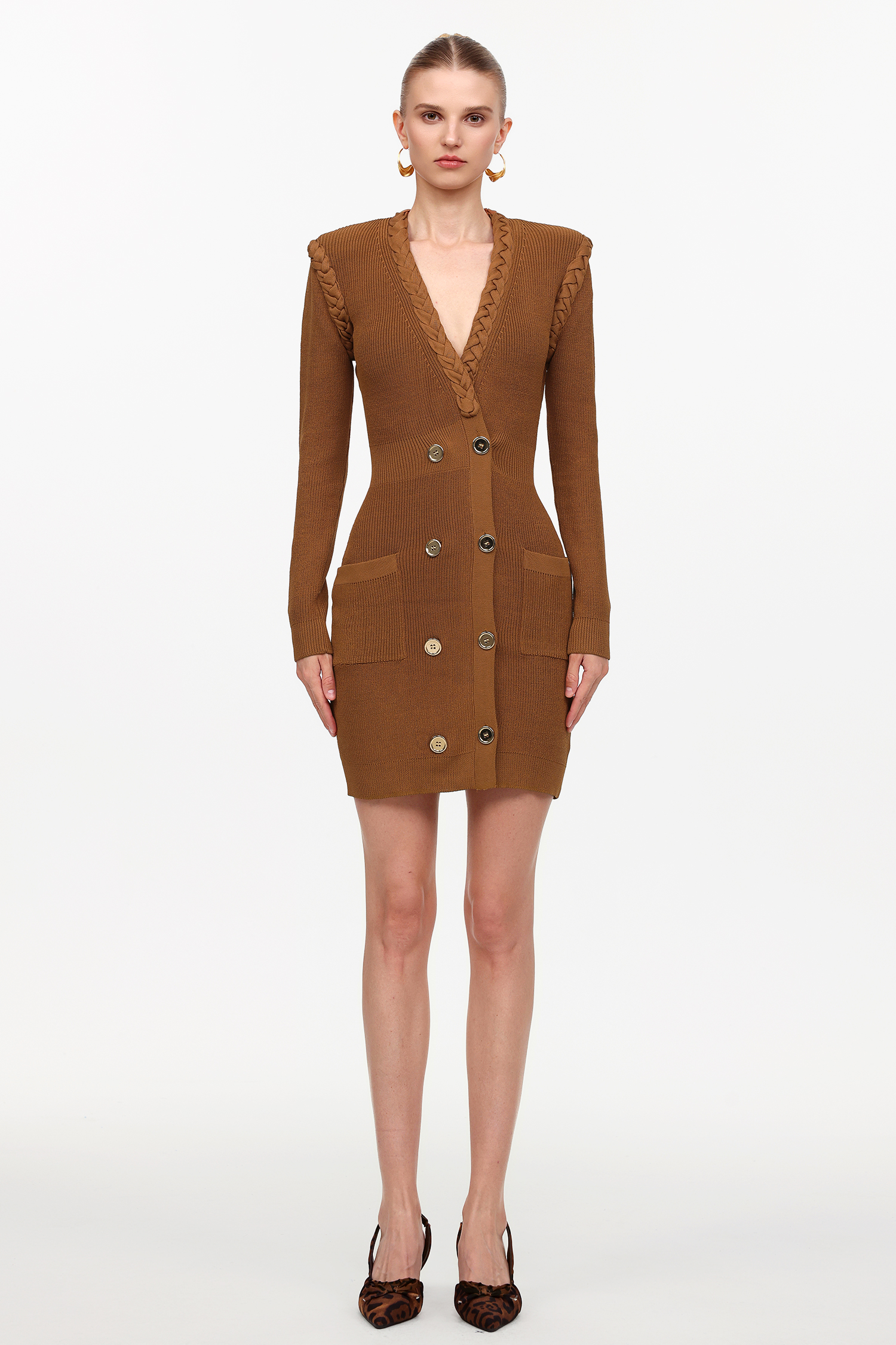 Ulasa Classic Cinched Waist V-Neck Long Sleeve Knit Mini Dress