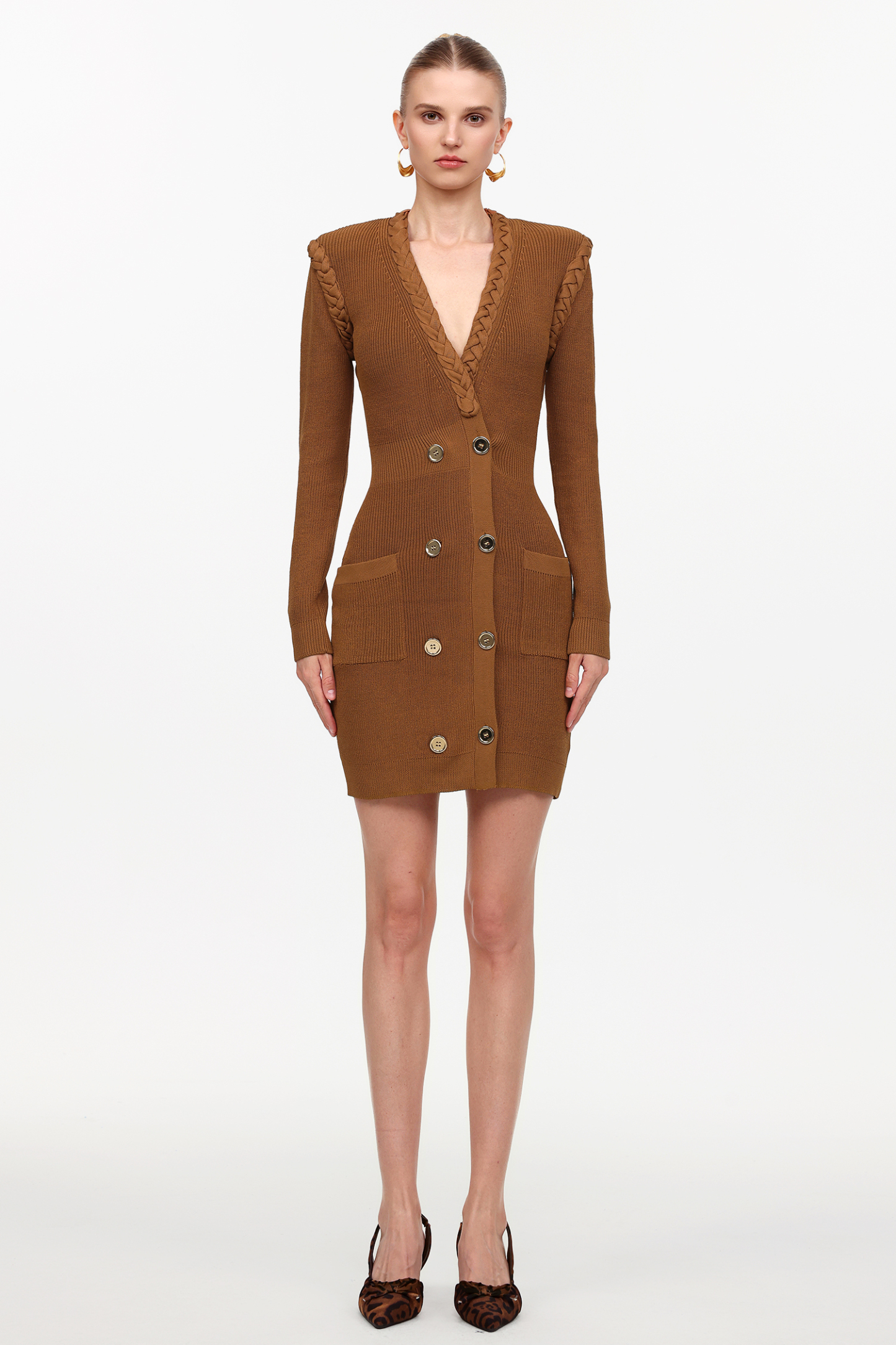 Ulasa Classic Cinched Waist V-Neck Long Sleeve Knit Mini Dress