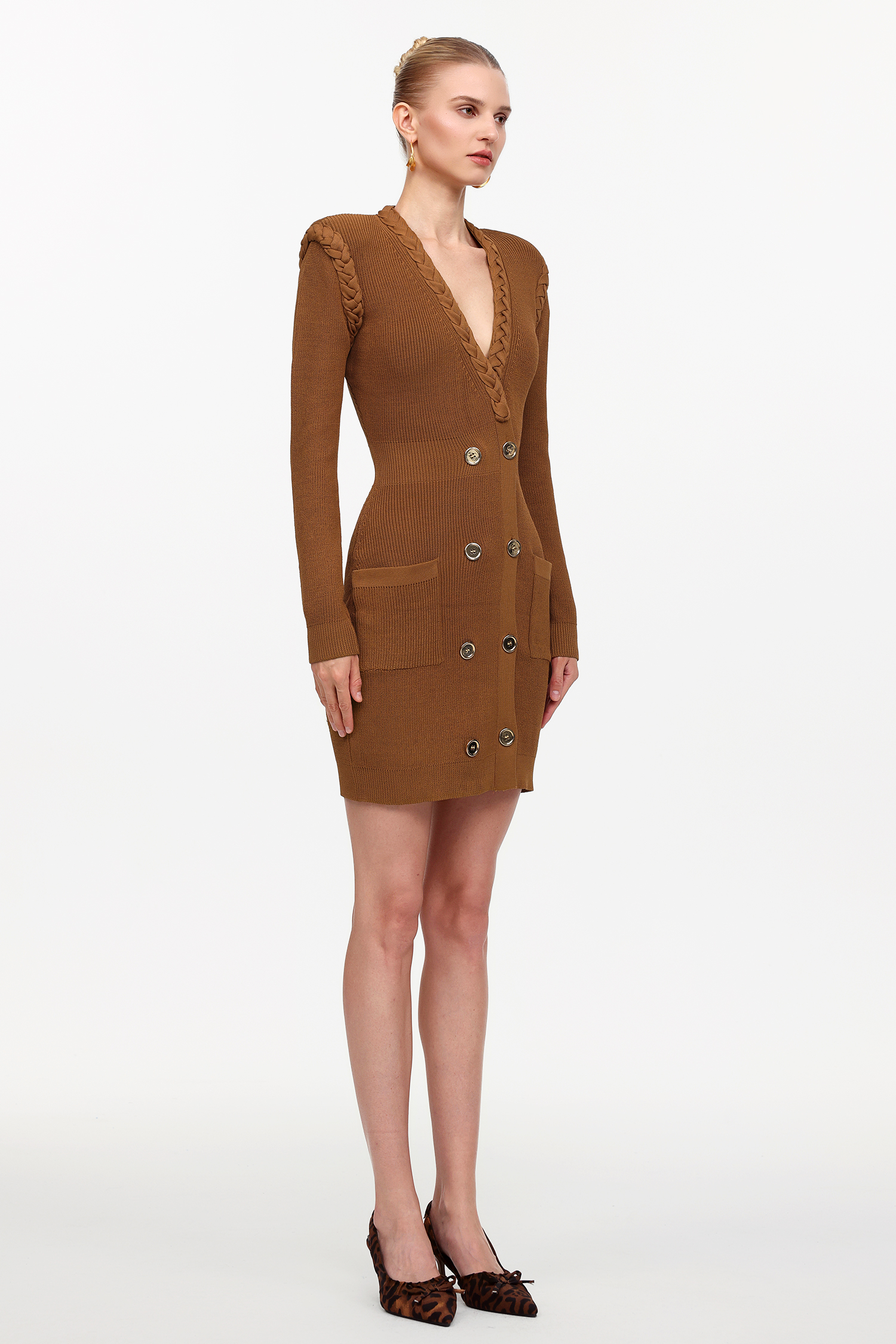 Ulasa Classic Cinched Waist V-Neck Long Sleeve Knit Mini Dress