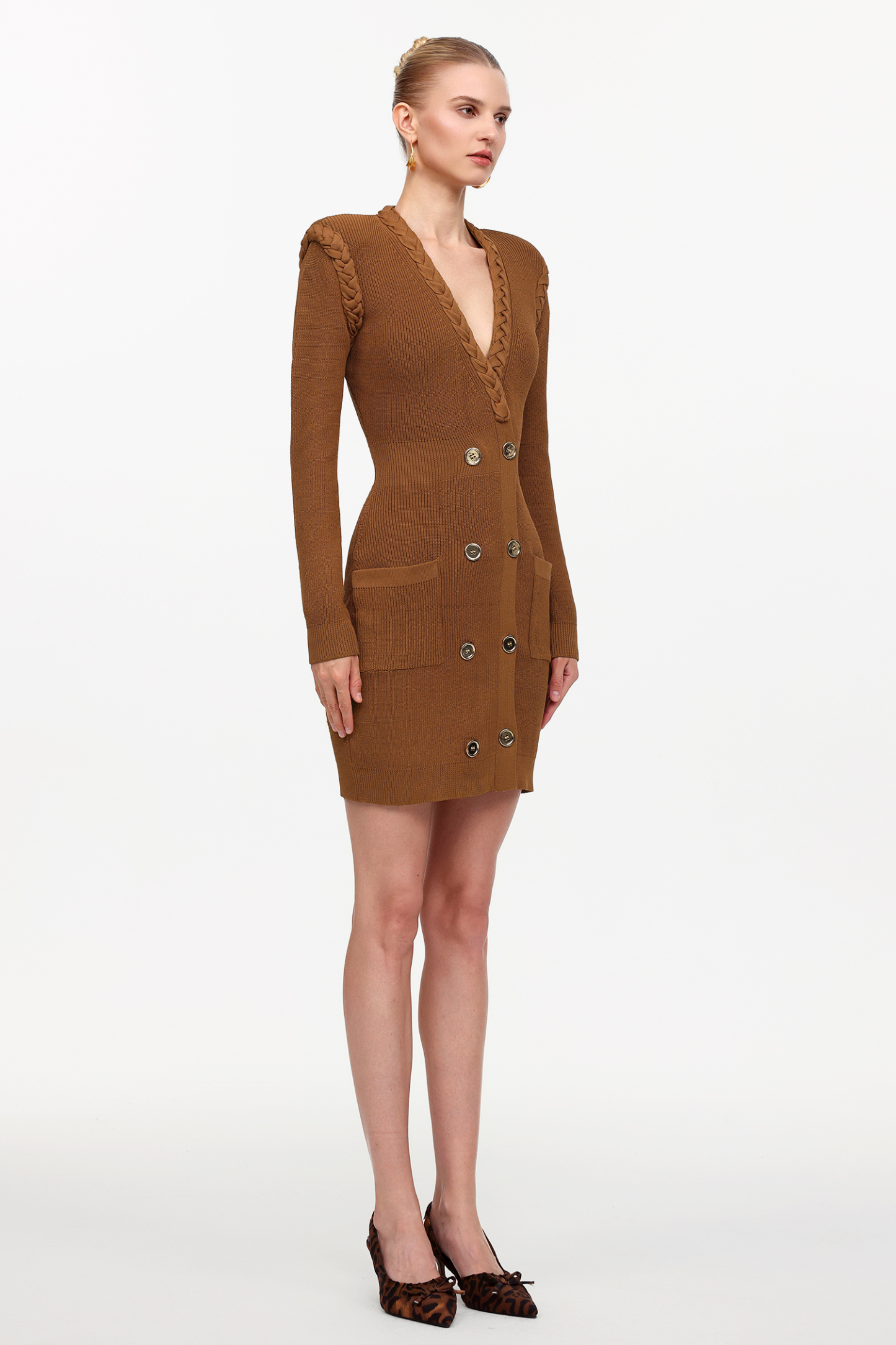 Ulasa Classic Cinched Waist V-Neck Long Sleeve Knit Mini Dress