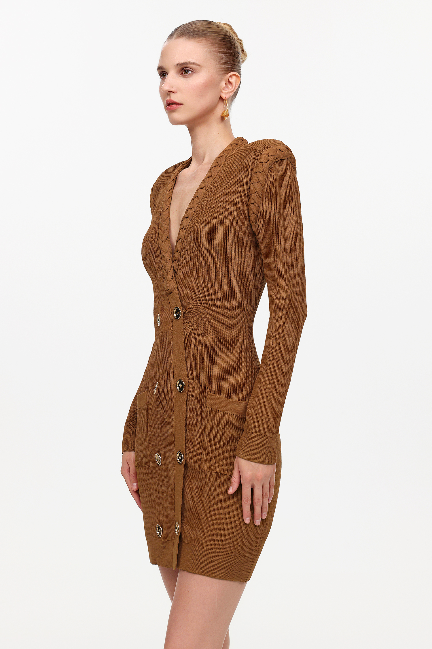 Ulasa Classic Cinched Waist V-Neck Long Sleeve Knit Mini Dress