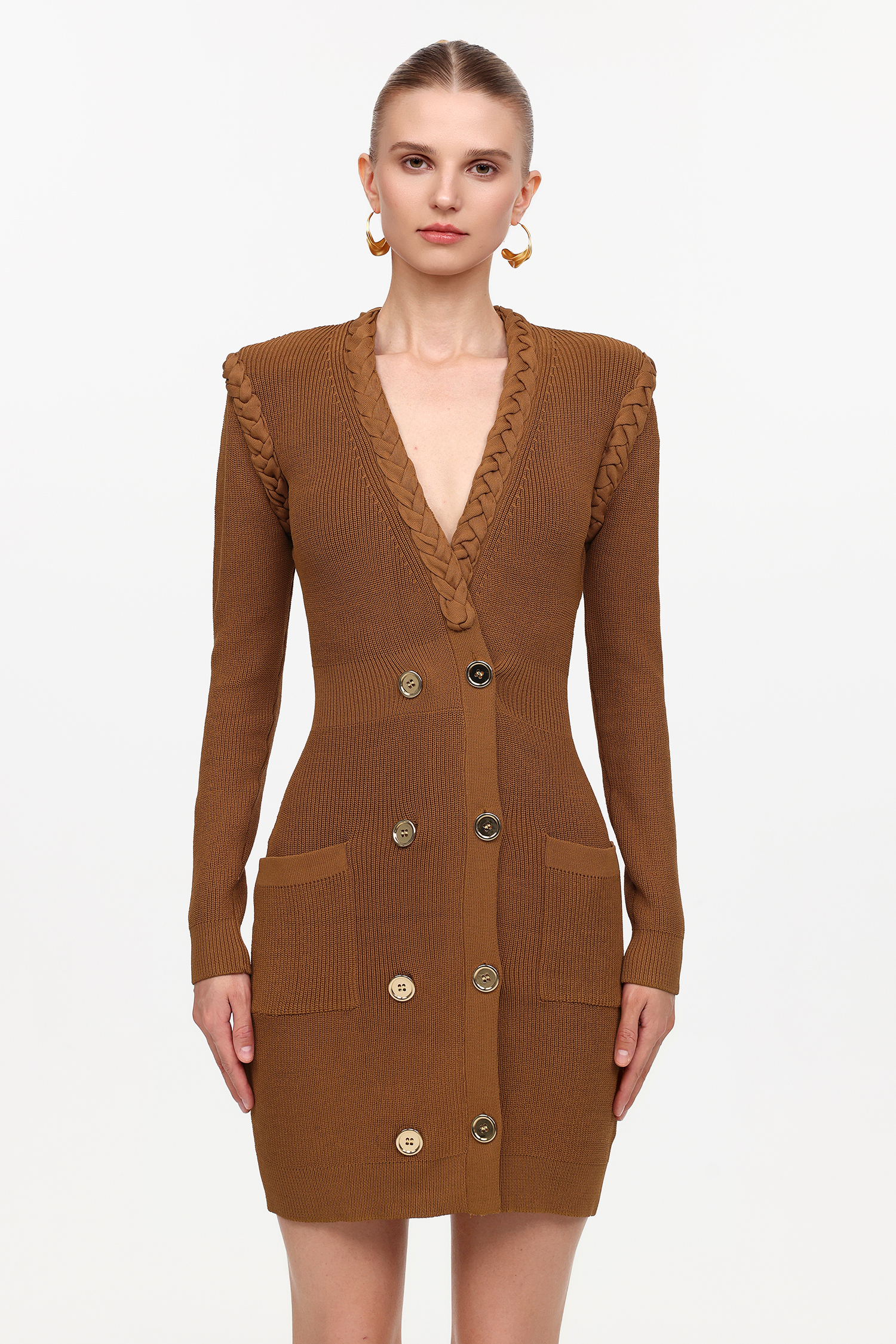 Ulasa Classic Cinched Waist V-Neck Long Sleeve Knit Mini Dress