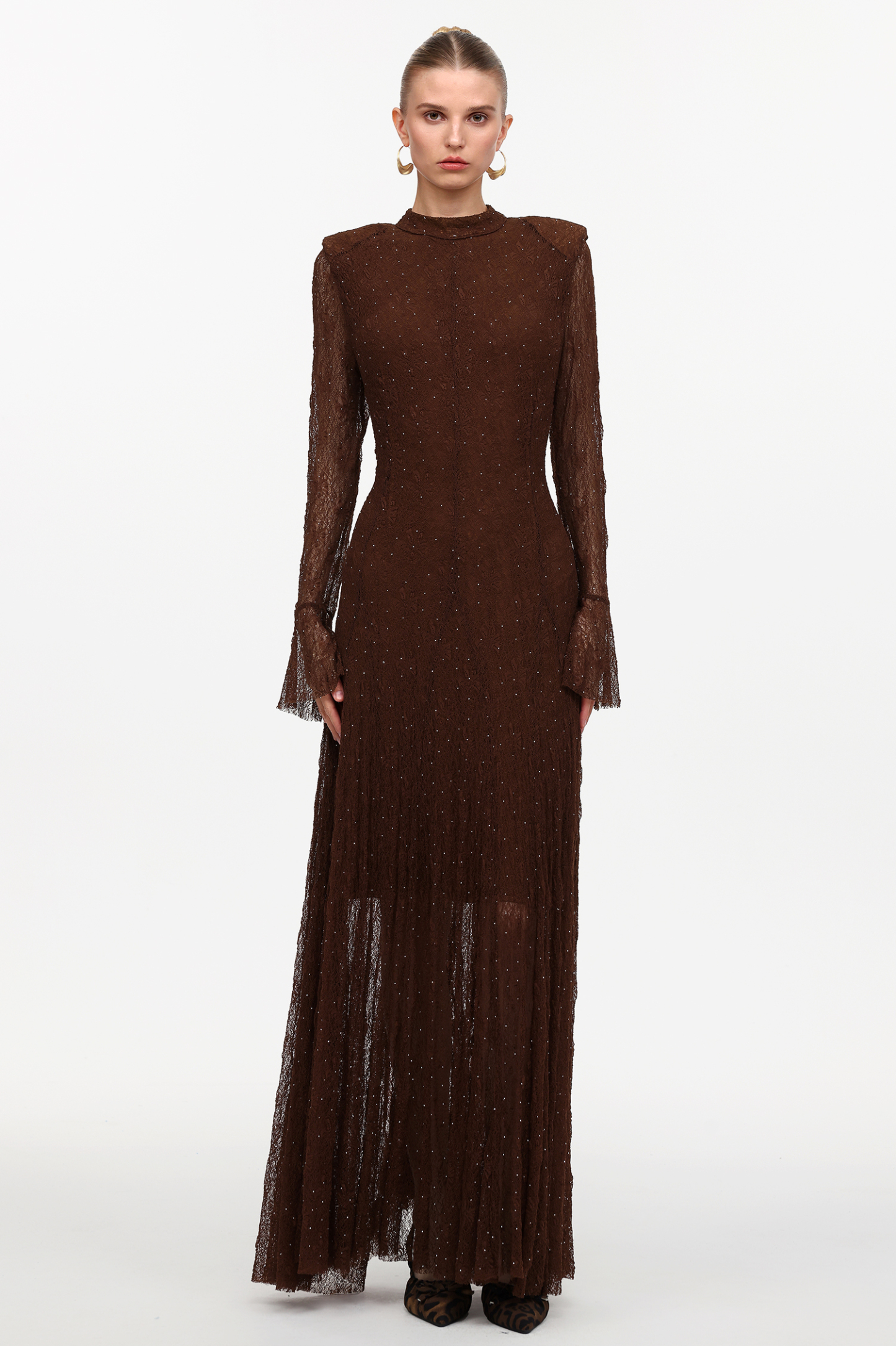 Hunter Elegant Contour Long Sleeve Crystal Lace Maxi Dress