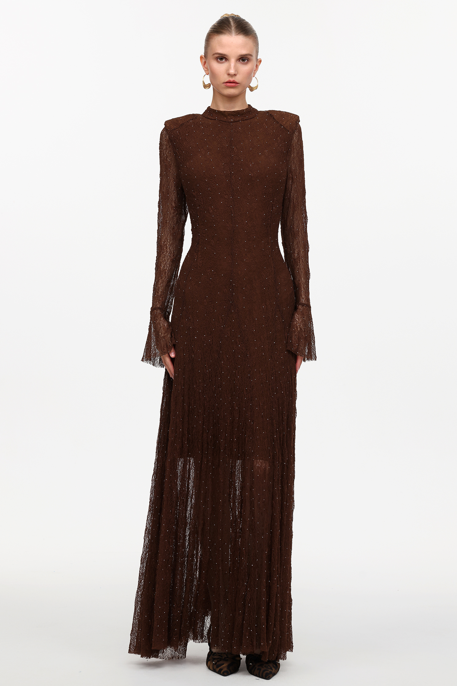 Hunter Elegant Contour Long Sleeve Crystal Lace Maxi Dress