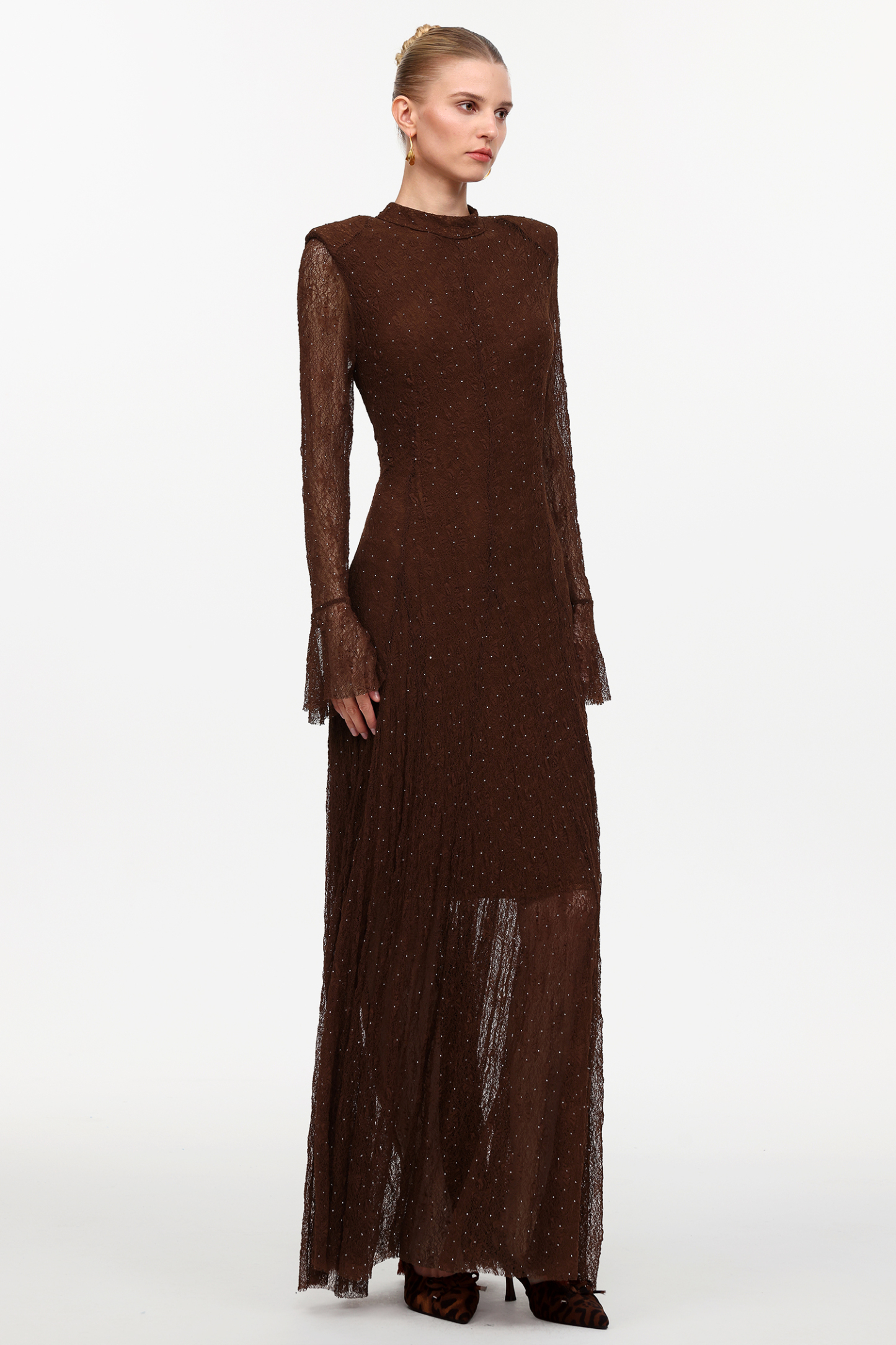 Hunter Elegant Contour Long Sleeve Crystal Lace Maxi Dress