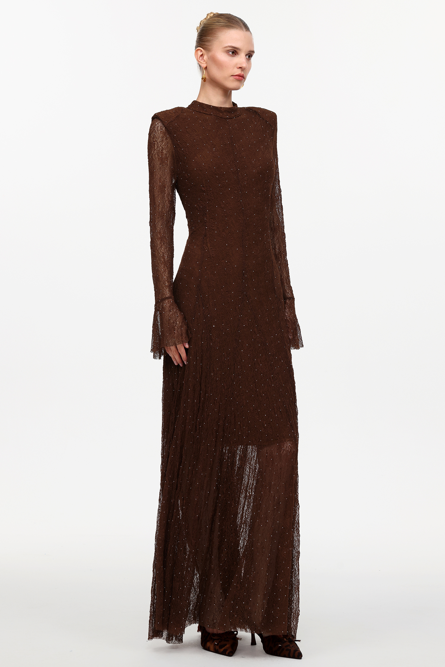 Hunter Elegant Contour Long Sleeve Crystal Lace Maxi Dress