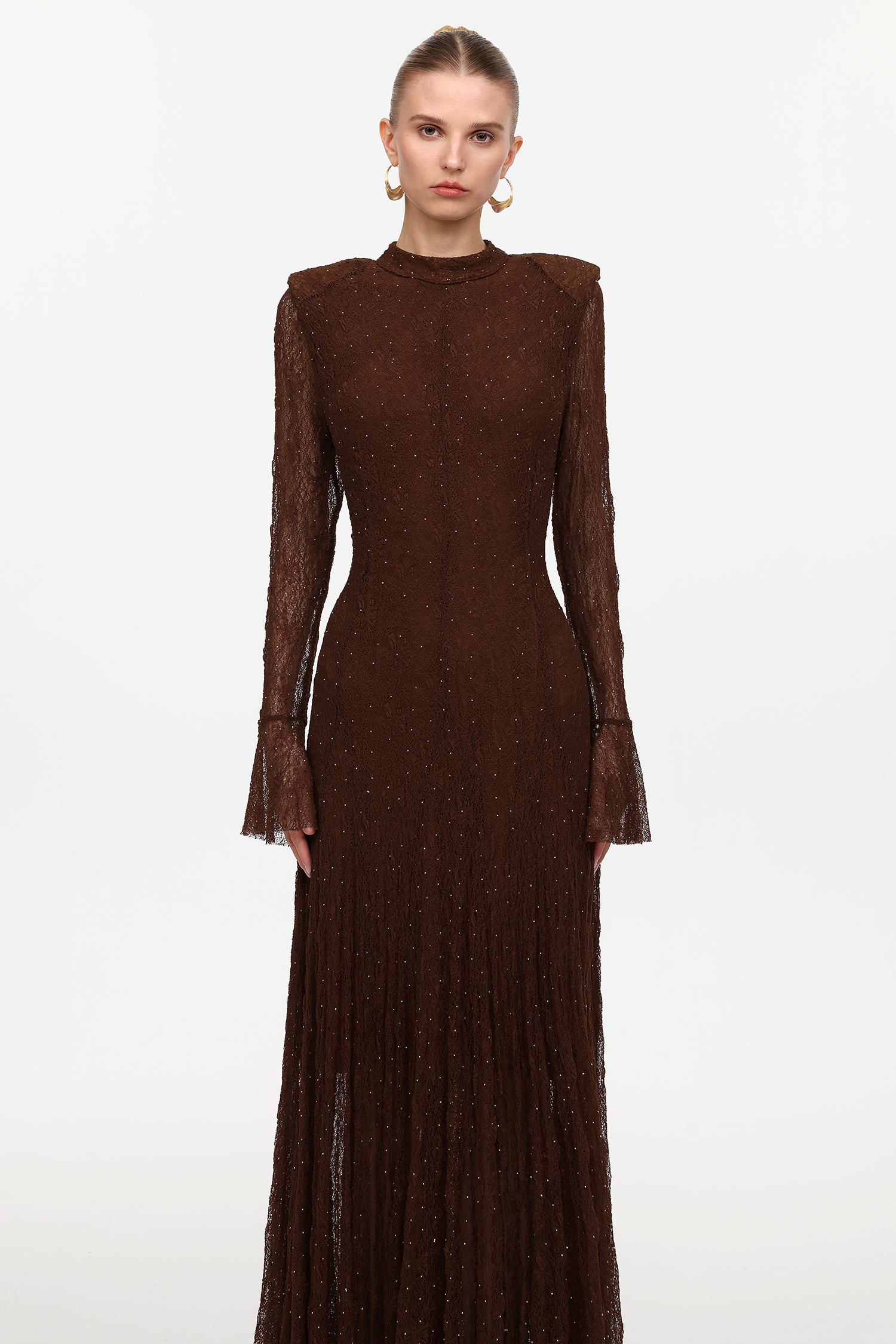 Hunter Elegant Contour Long Sleeve Crystal Lace Maxi Dress