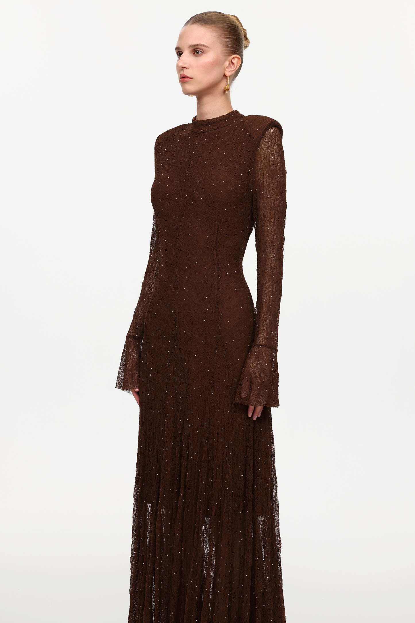 Hunter Elegant Contour Long Sleeve Crystal Lace Maxi Dress