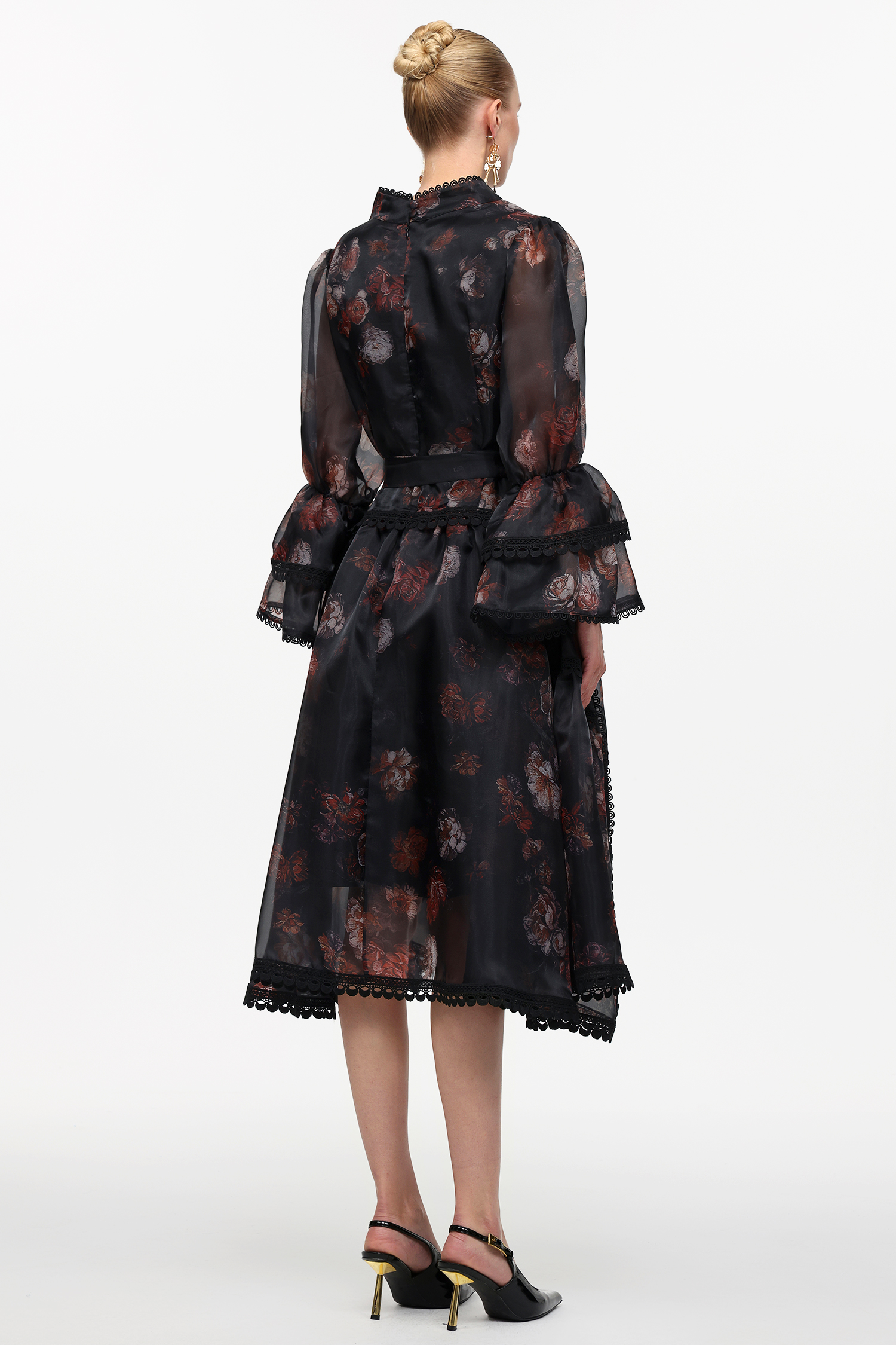 Uhren Resort Flowy V-Neck Long Sleeve Falbala Lace Printed Woven Black Mini Dress