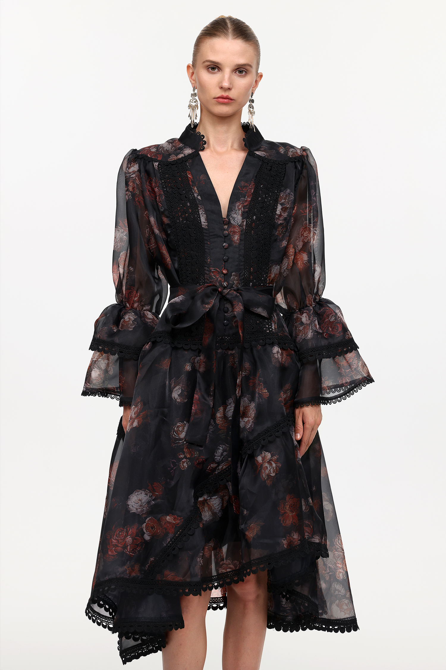 Uhren Resort Flowy V-Neck Long Sleeve Falbala Lace Printed Woven Black Mini Dress