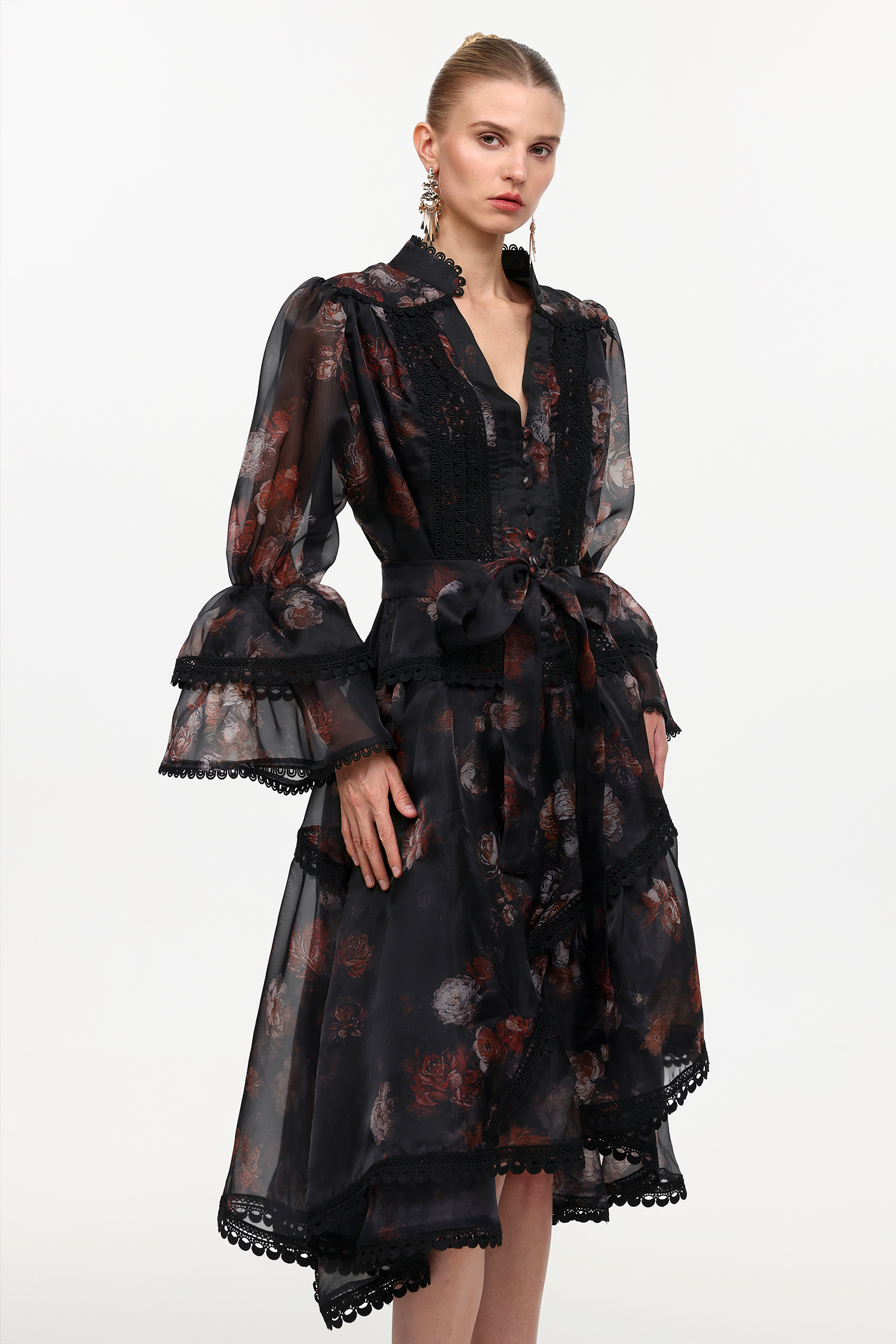 Uhren Resort Flowy V-Neck Long Sleeve Falbala Lace Printed Woven Black Mini Dress