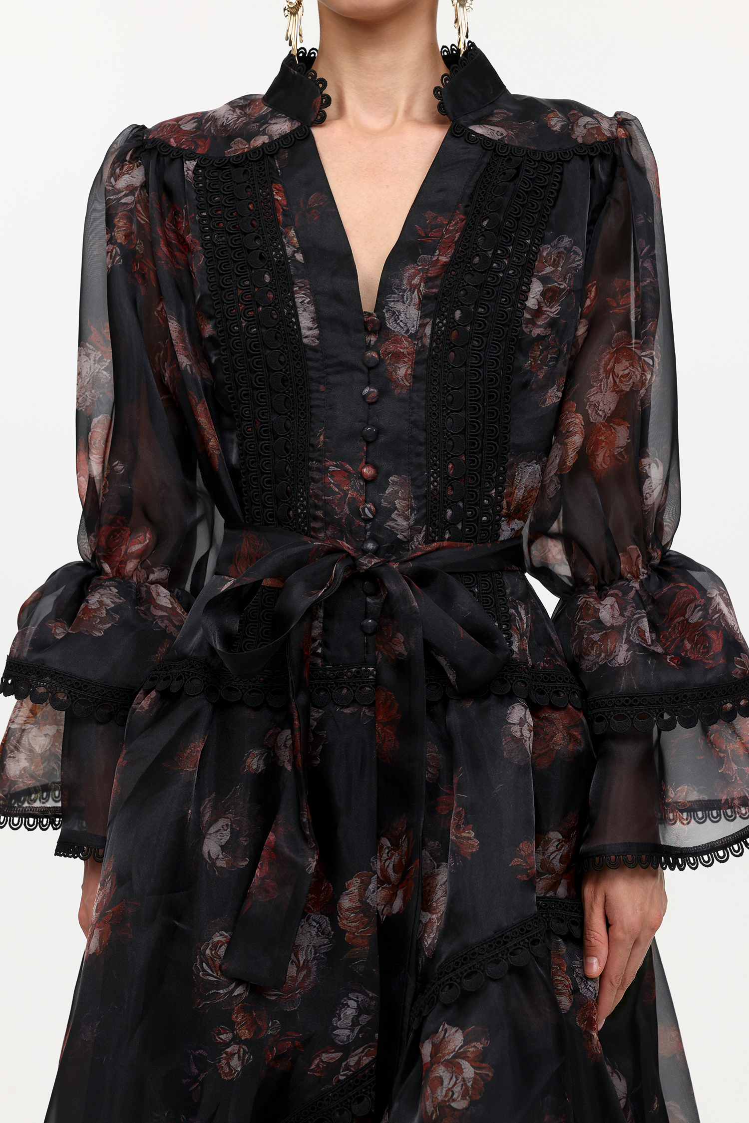 Uhren Resort Flowy V-Neck Long Sleeve Falbala Lace Printed Woven Black Mini Dress