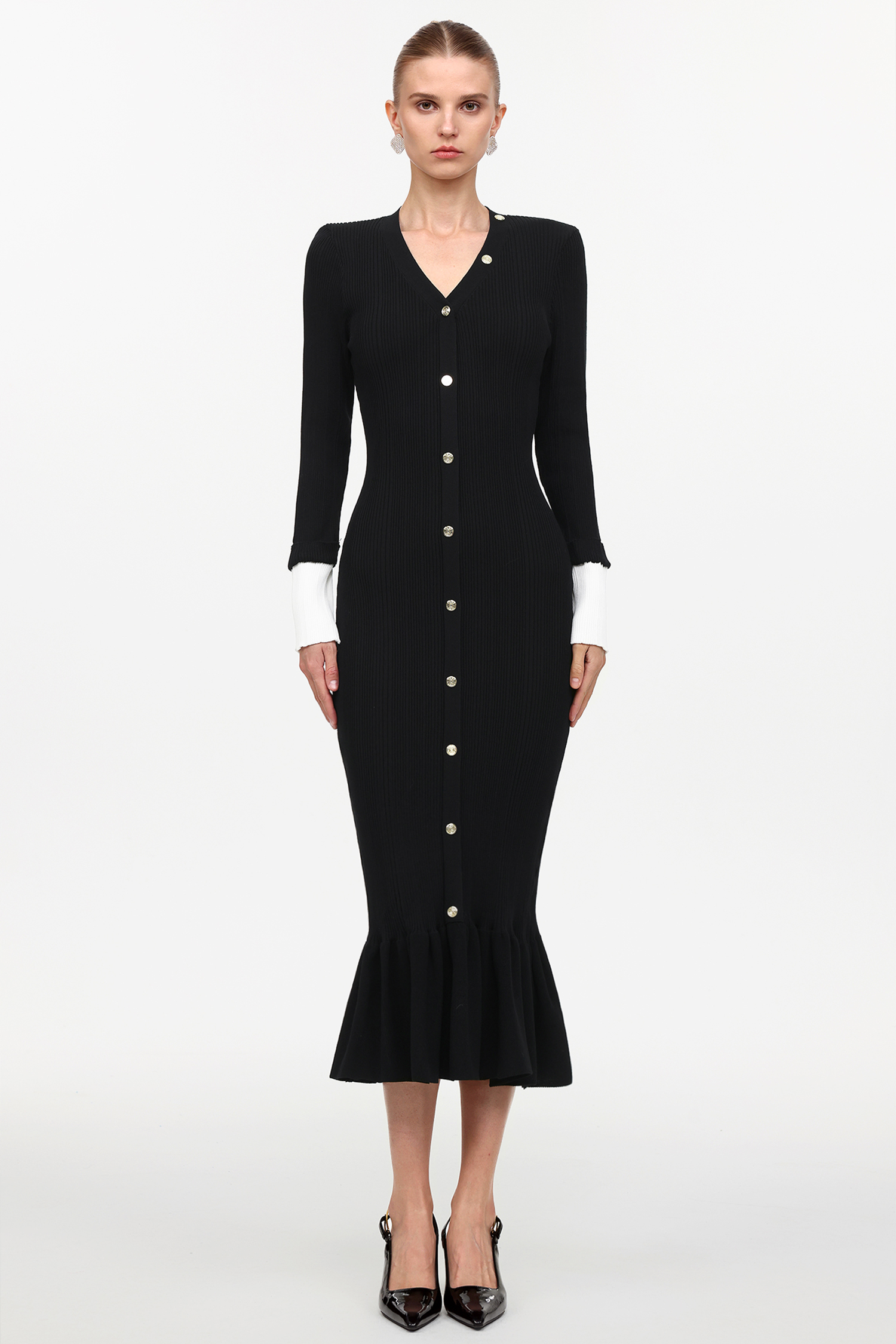 Olapa Elegant Contour V-Neck Long Sleeve Knit Maxi Dress