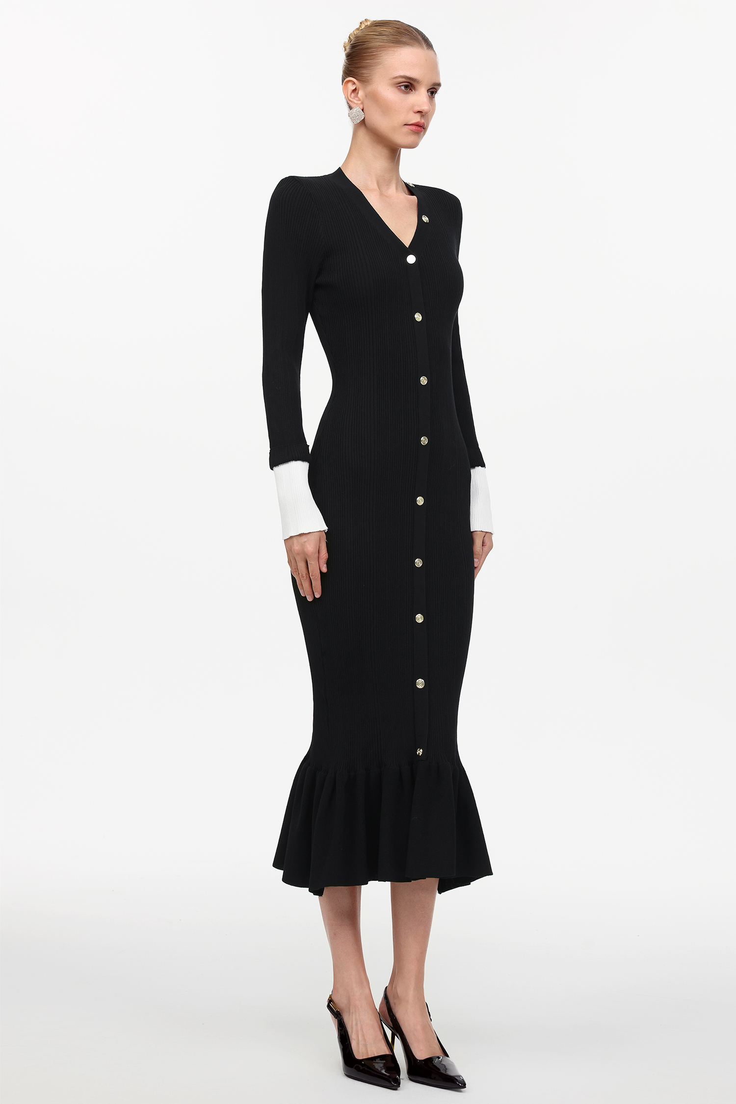 Olapa Elegant Contour V-Neck Long Sleeve Knit Maxi Dress