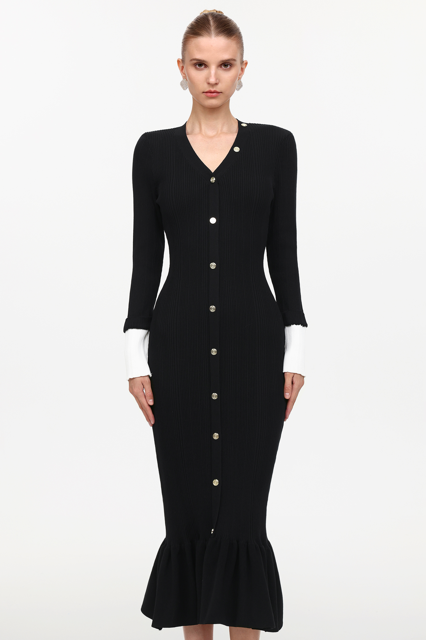 Olapa Elegant Contour V-Neck Long Sleeve Knit Maxi Dress