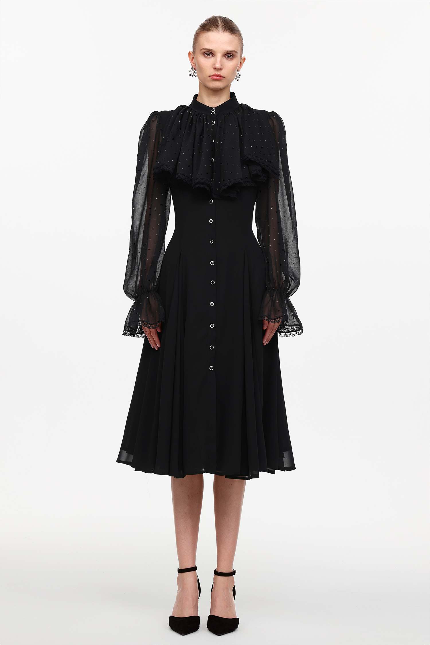 Rakani Chic Flowy Long Sleeve Crystal Falbala Woven Maxi Dress