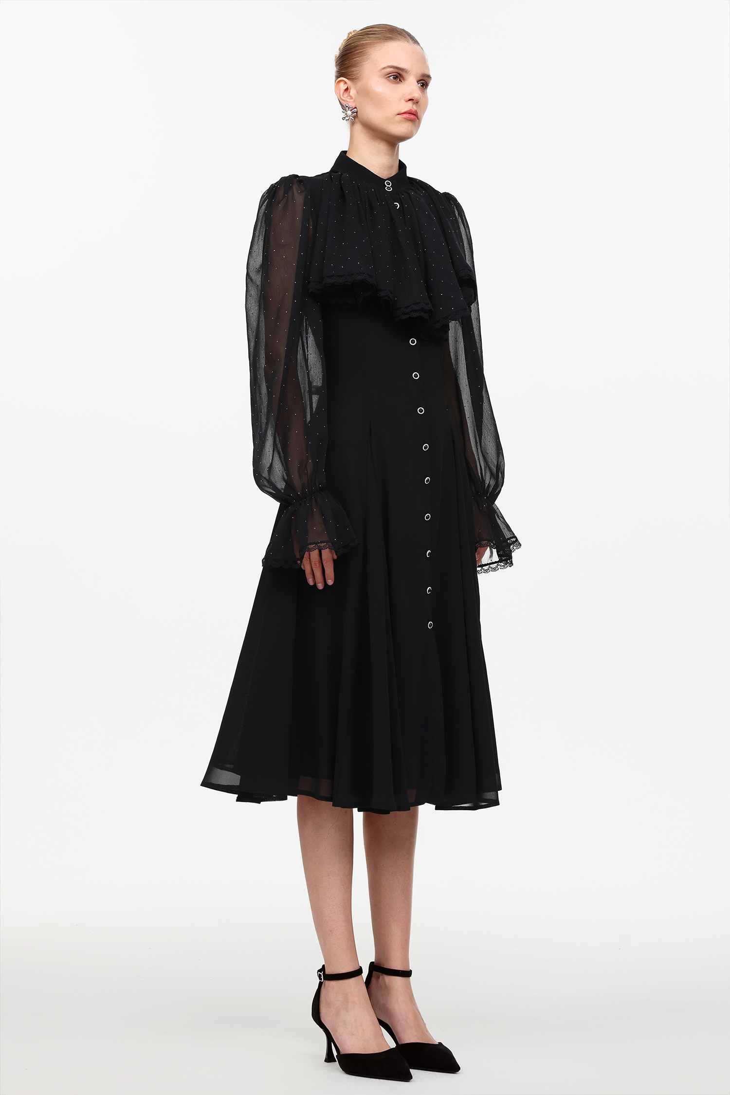 Rakani Chic Flowy Long Sleeve Crystal Falbala Woven Maxi Dress