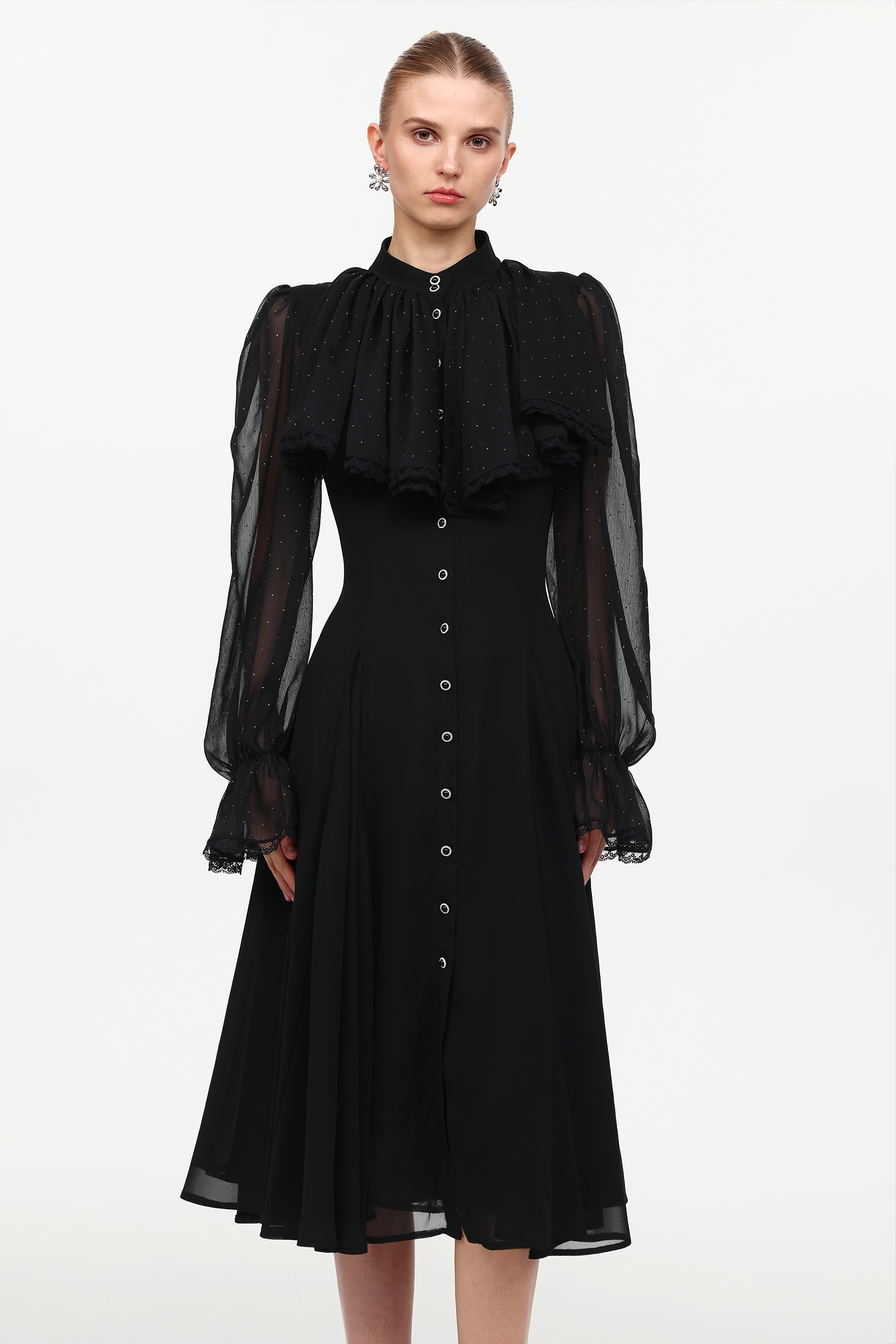 Rakani Chic Flowy Long Sleeve Crystal Falbala Woven Maxi Dress