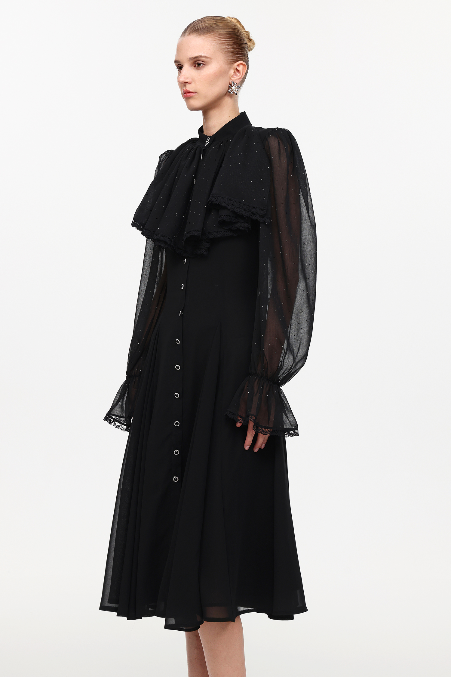 Rakani Chic Flowy Long Sleeve Crystal Falbala Woven Maxi Dress