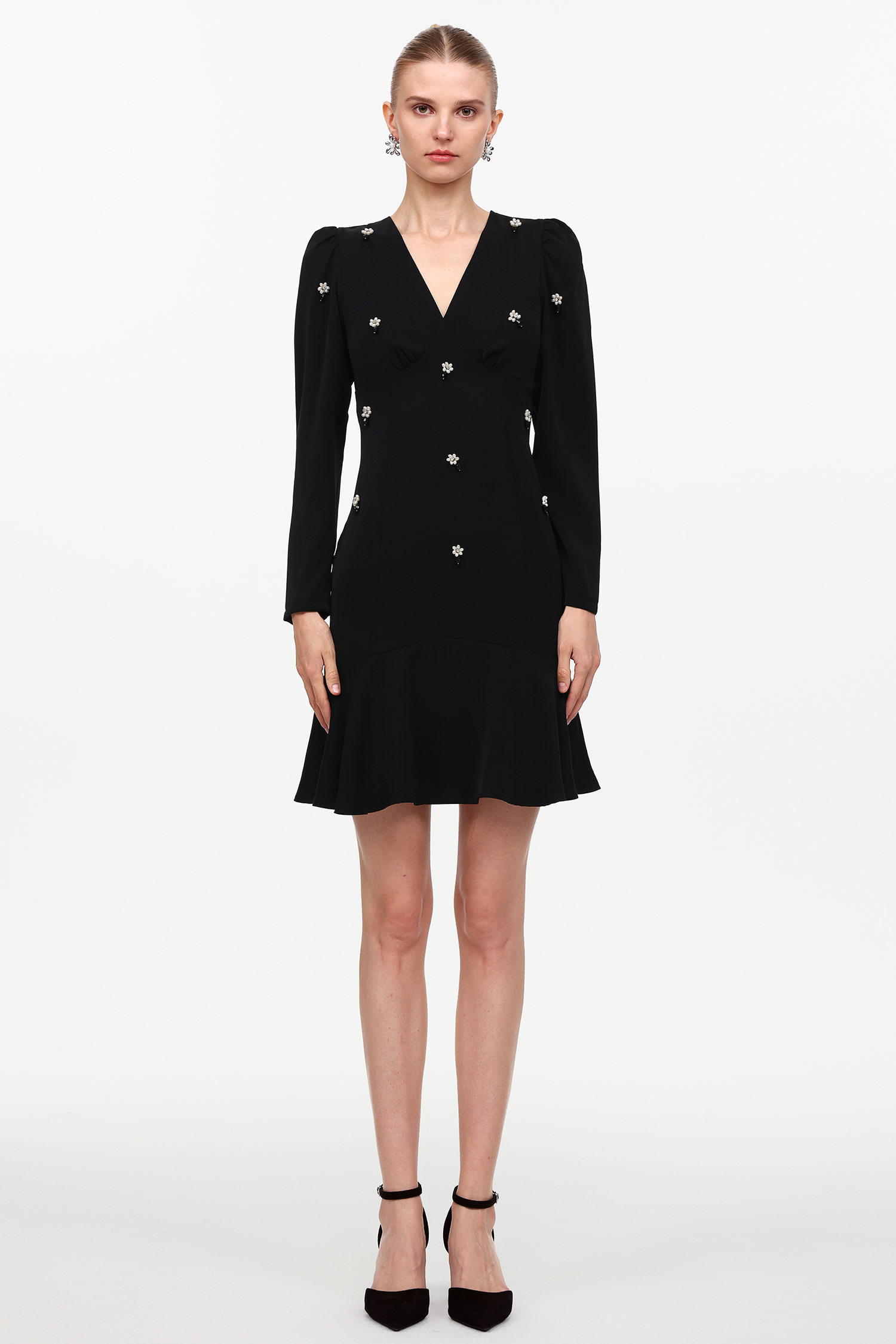 Jiusi Elegant Cinched Waist V-Neck Long Sleeve Beaded Woven Mini Dress