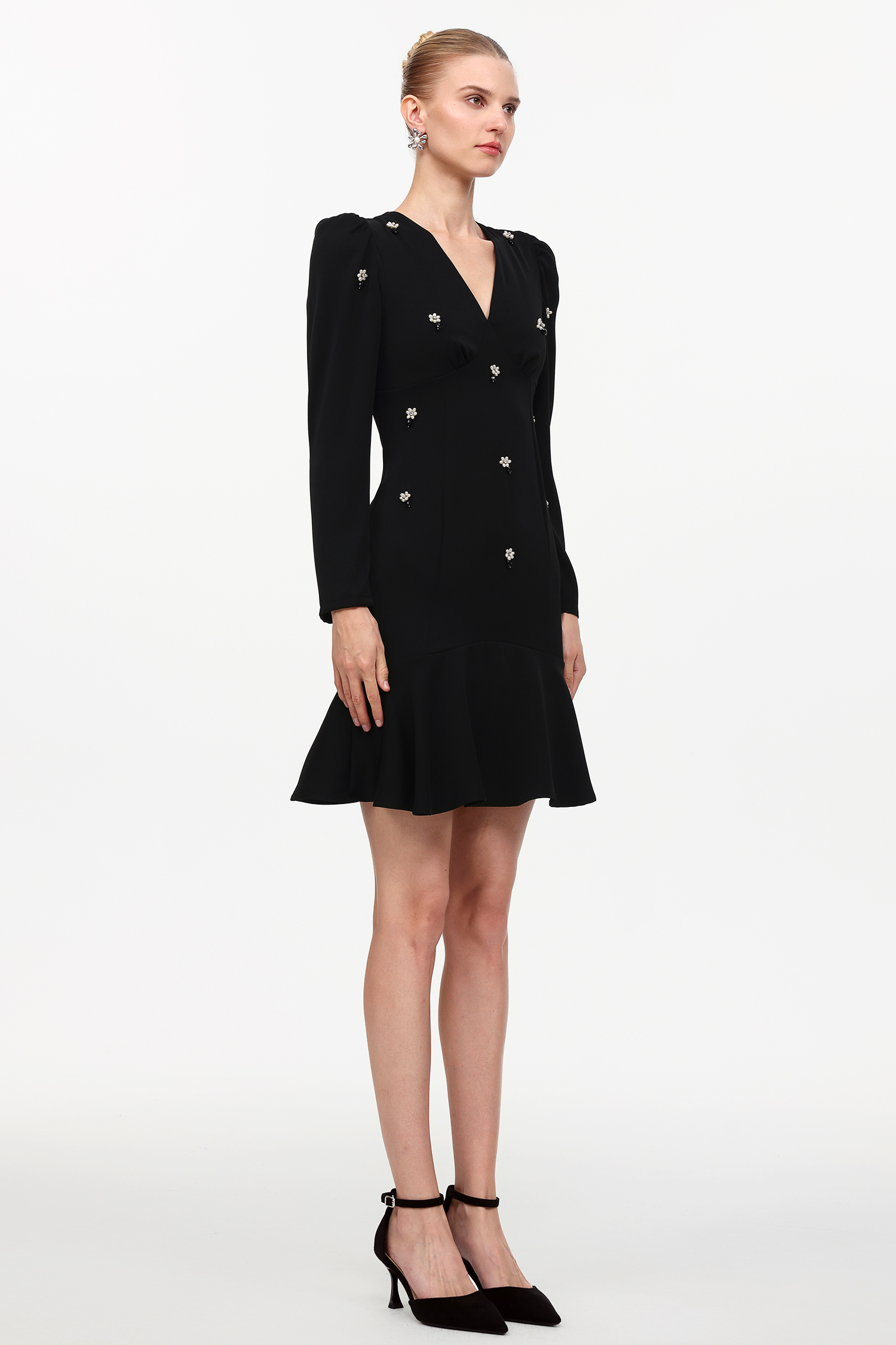 Jiusi Elegant Cinched Waist V-Neck Long Sleeve Beaded Woven Mini Dress