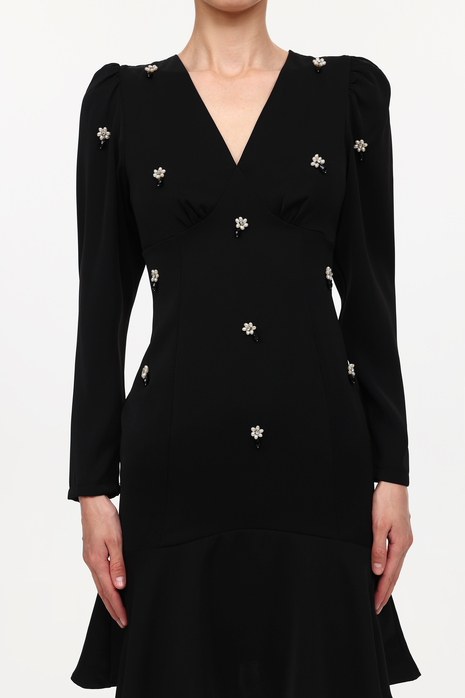 Jiusi Elegant Cinched Waist V-Neck Long Sleeve Beaded Woven Mini Dress